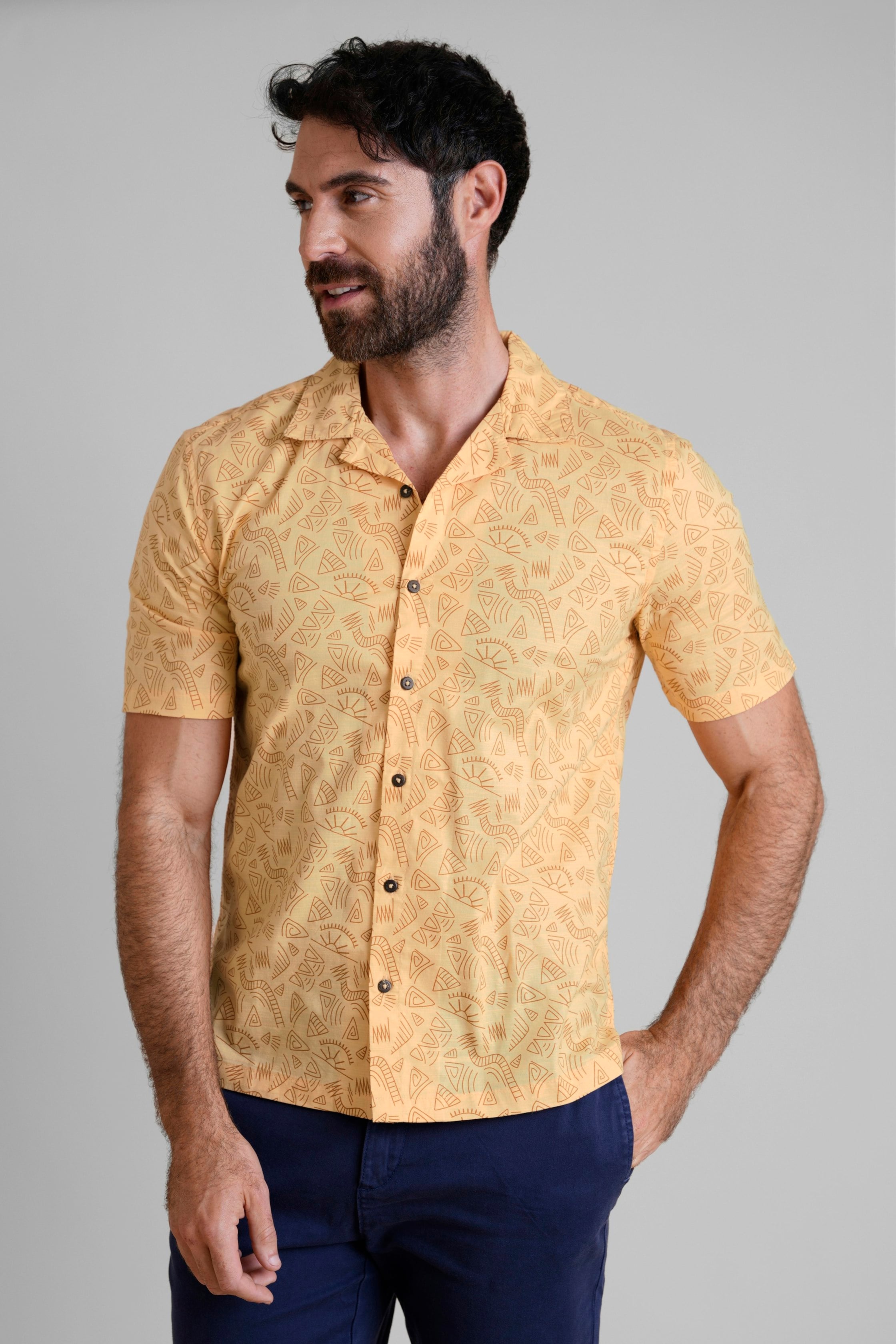 Enorsia Light/Orange Pencilled Revere Collar Short Sleeve Shirt - Xxl - 100% Cotton