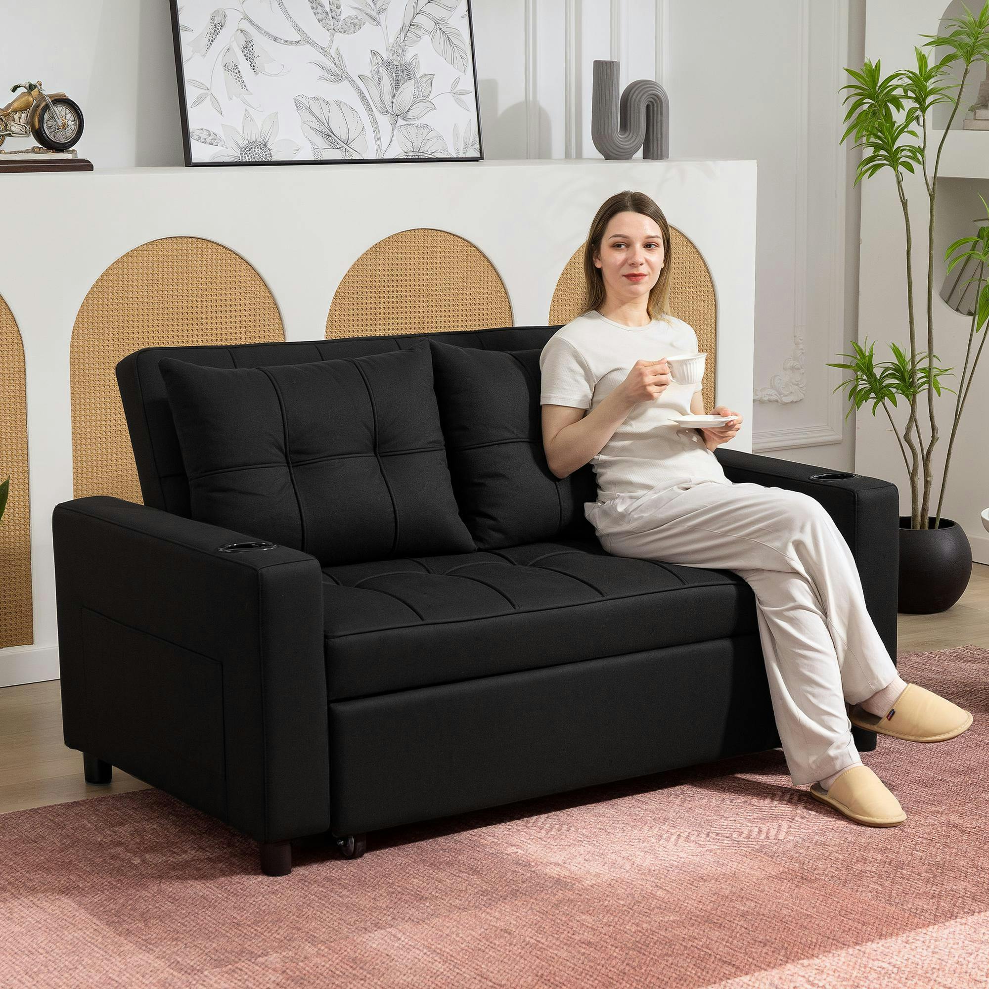 Rackhams Beige/Black 2 Seater Pull Out Sofa Bed With Pockets For Living Room