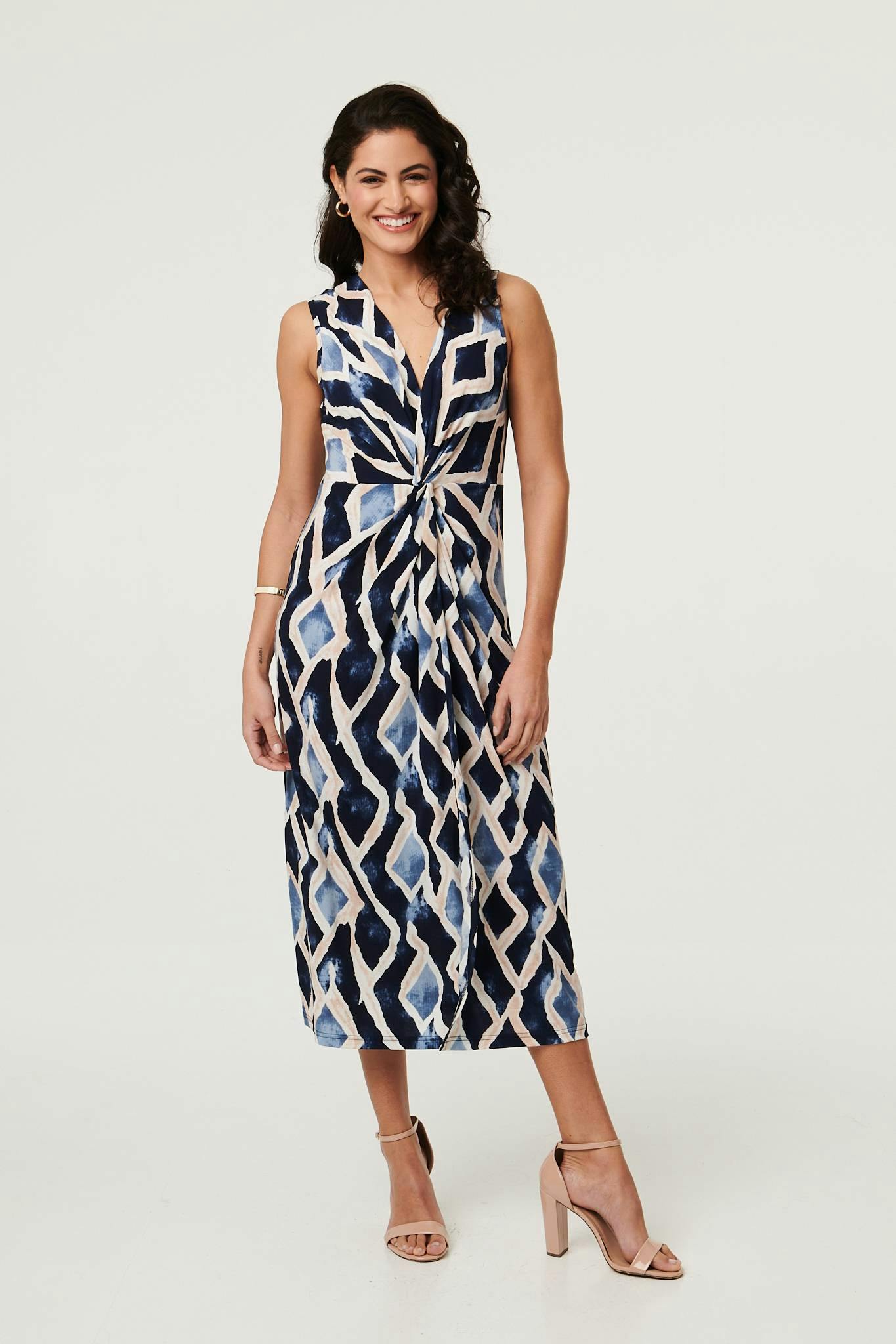 Izabel London Printed Sleeveless Twist Midi Dress - 10 - Navy