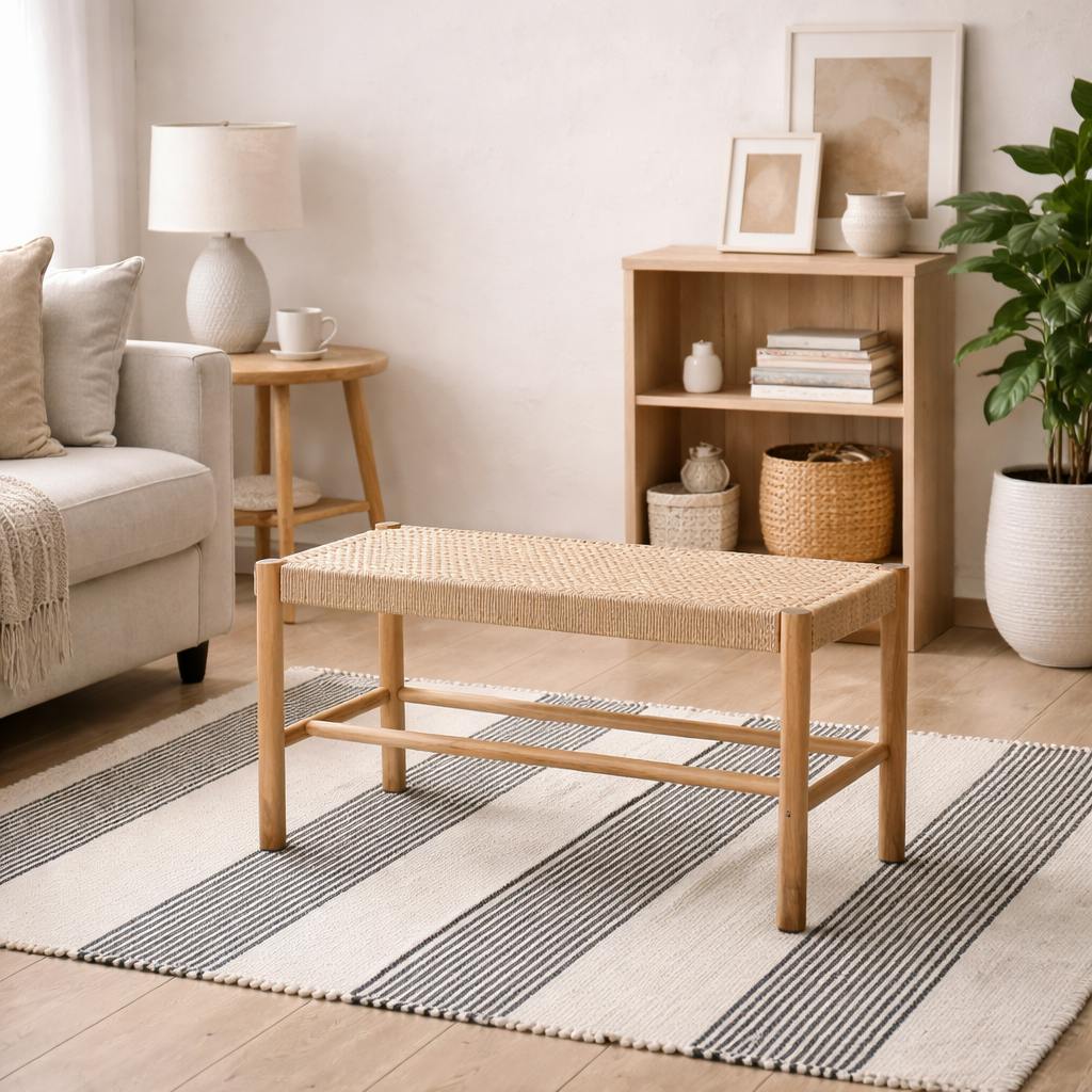 Wyld Haus White Tilst Natural Weaved Bench Wooden Legs