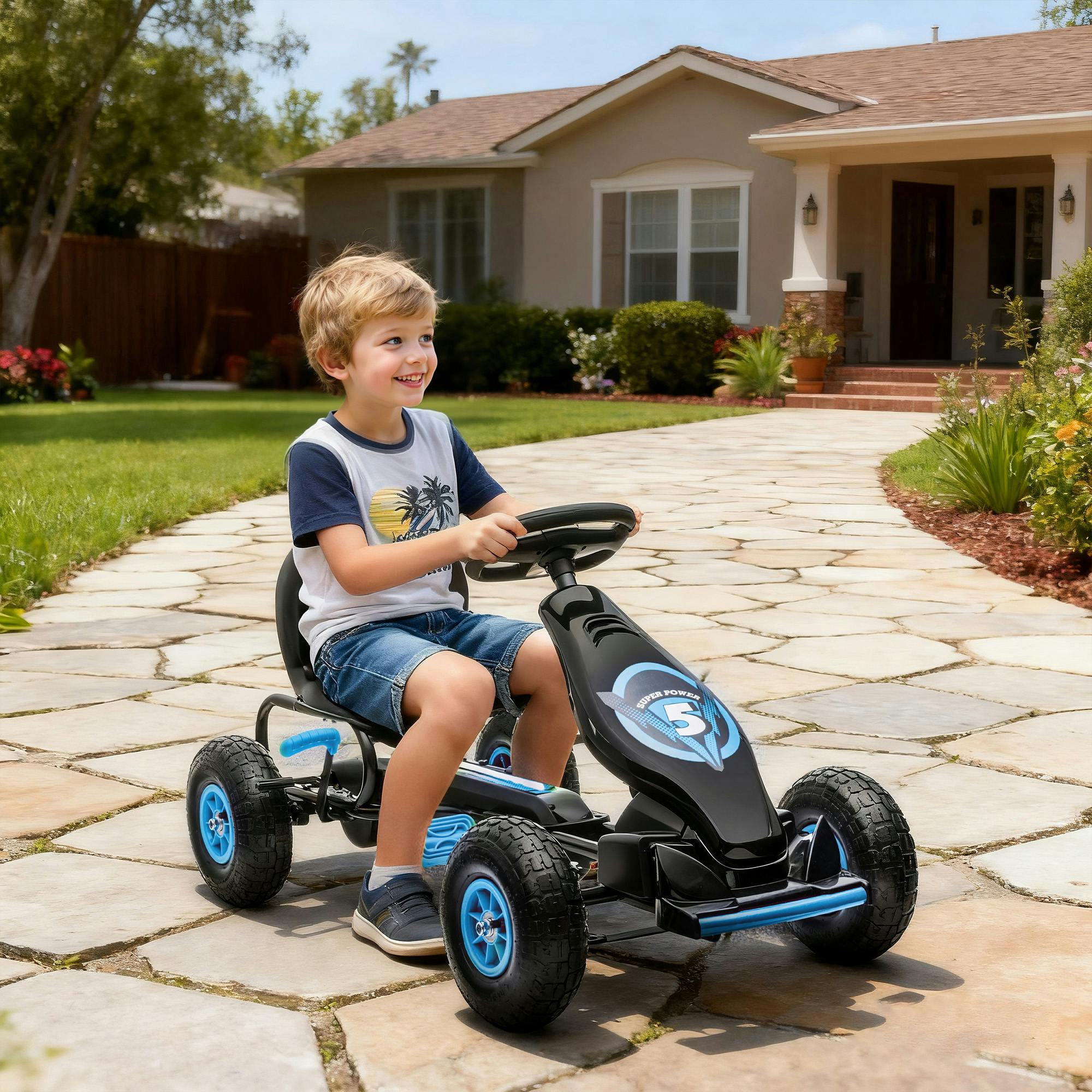 Bobobiy Blue Kids Pedal Go Kart, With Adjustable Seat, Inflatable Tyres - Image 4