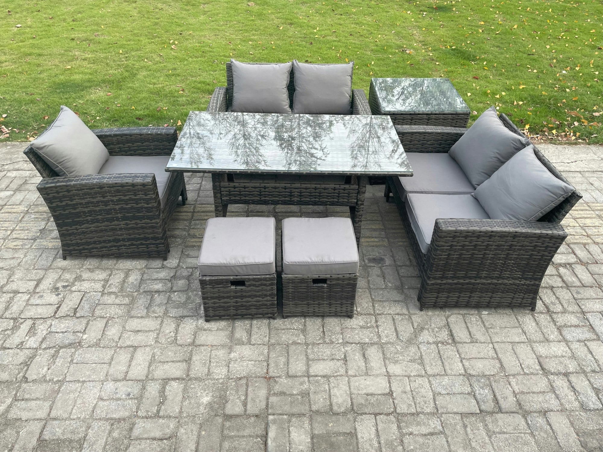 Fimous Dark/Grey Wicker Rattan Garden Dining Set Outdoor Furniture Sofa With Dining Table Double Seat Sofa Side Table 2 Small Footstools Mixed