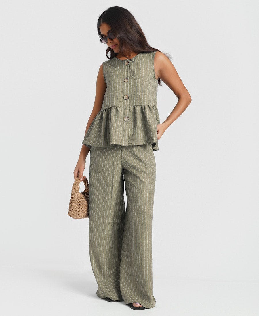 Needs No Label Khaki Stripe Wide Leg Trousers - M