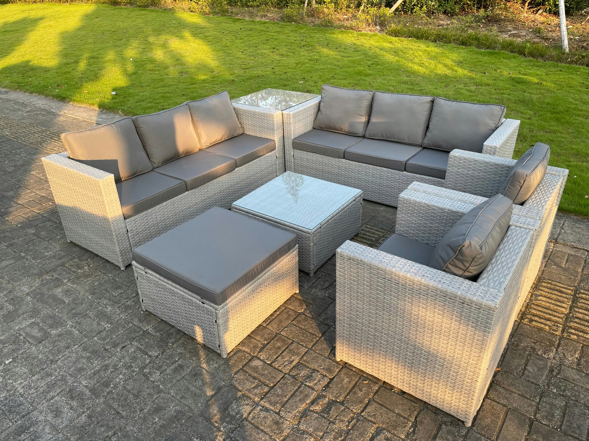Rackhams Light/Grey 9 Seater Rattan Sofa Set Chairs 2 Coffee Table Footstool Outdoor Garden Furniture