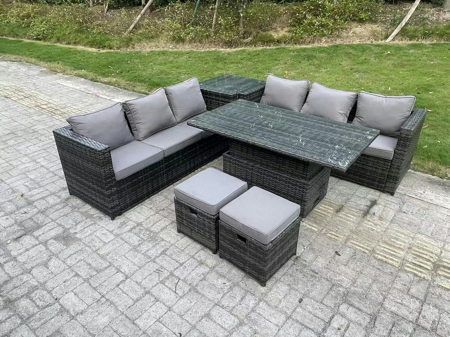 Fimous Light 8 Seater Wicker Rattan Garden Furniture Rising Table Sets Footstool Extra Side Table