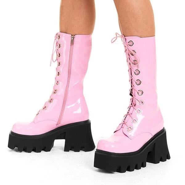 Lamoda Women's Pink Get Paid Chunky Platform Calf Boots Pat, Bold Platform Boots - Uk 3