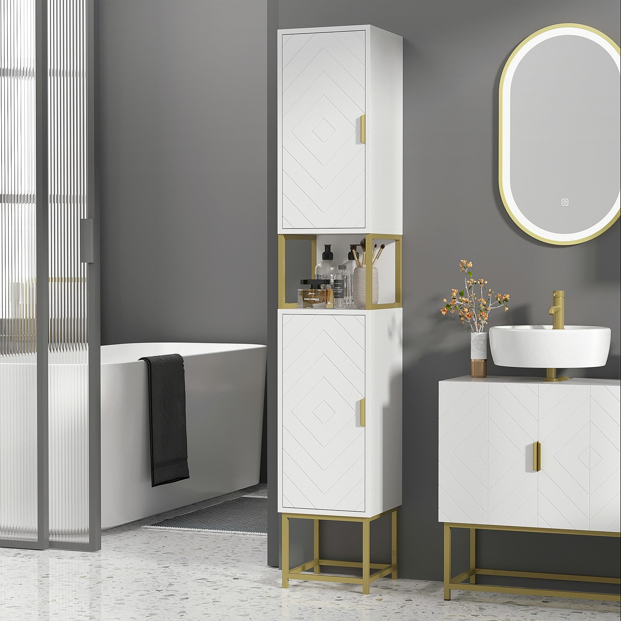Rackhams White/Gold Freestanding Bathroom Cabinet Linen Towel W/ Adjustable Shelf, 2 Doors