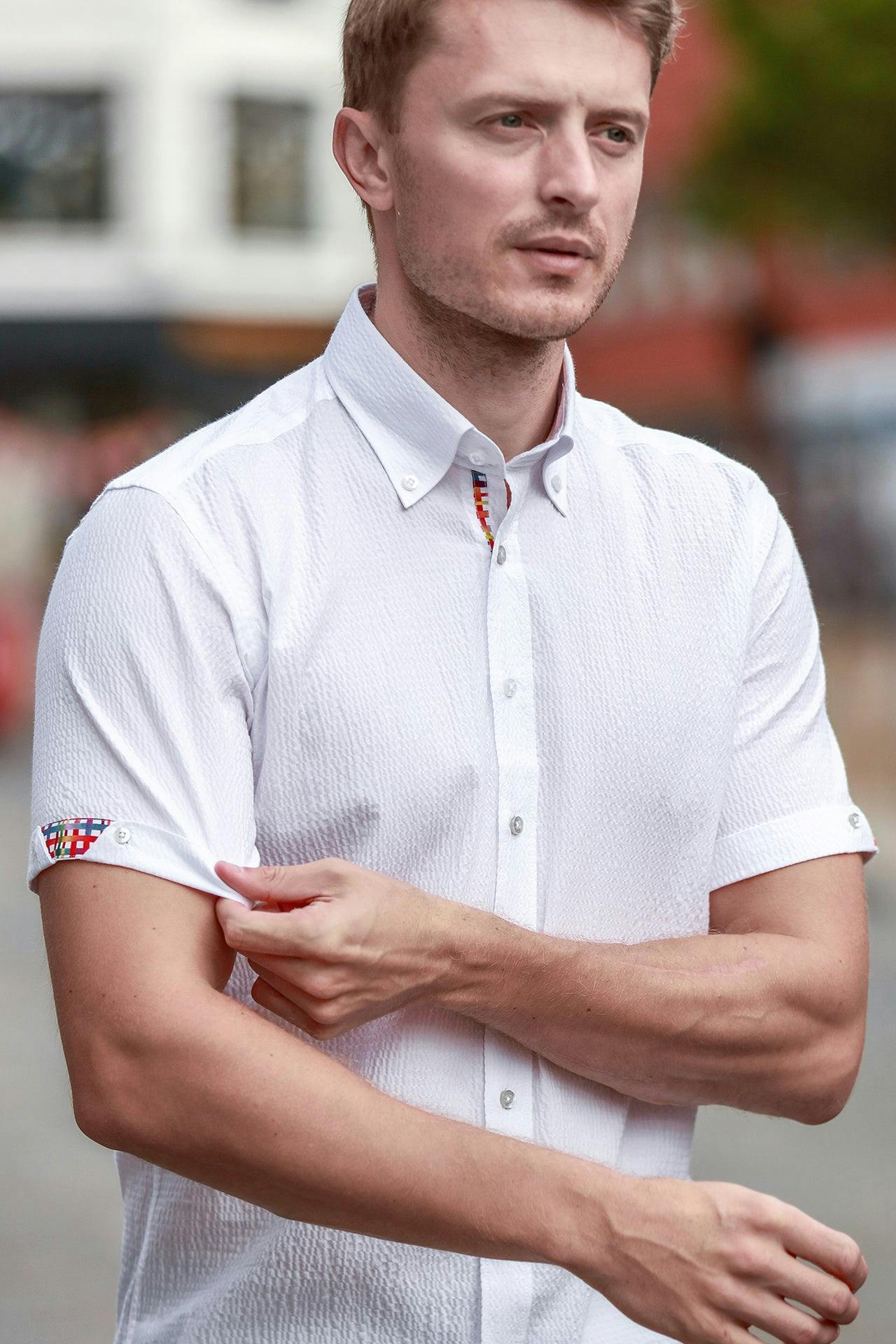 Claudio Lugli White Textured Seersucker Short Sleeve Shirt - Xl
