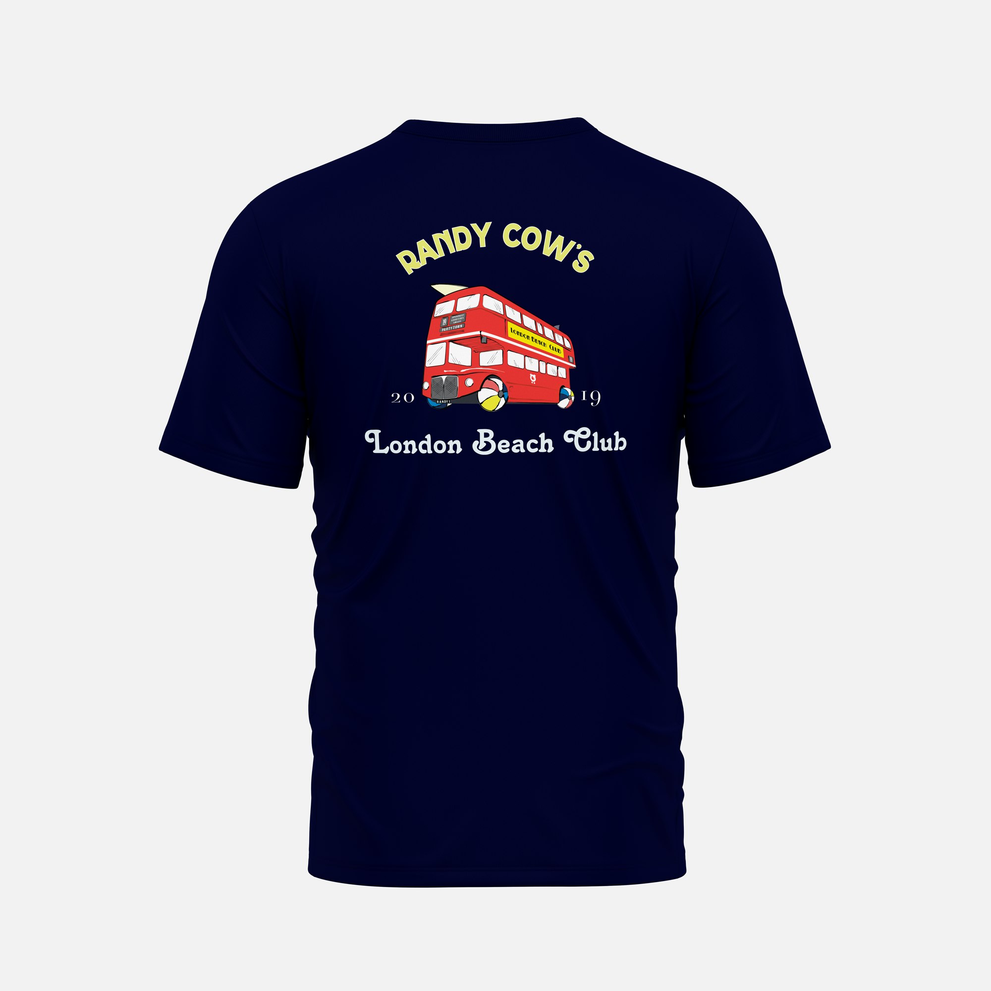 Randy Cow London Beach Club Bus - Navy Organic Cotton T-Shirt - 4 - With Back Graphic