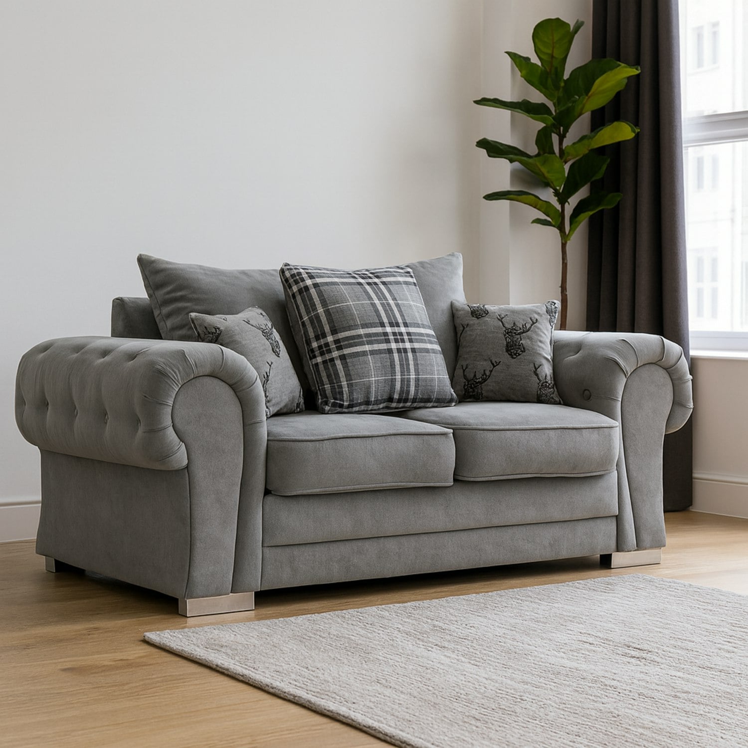 Rackhams Grey Milan Chesterfield Fabric 2 Seater Sofa - Scatter Back