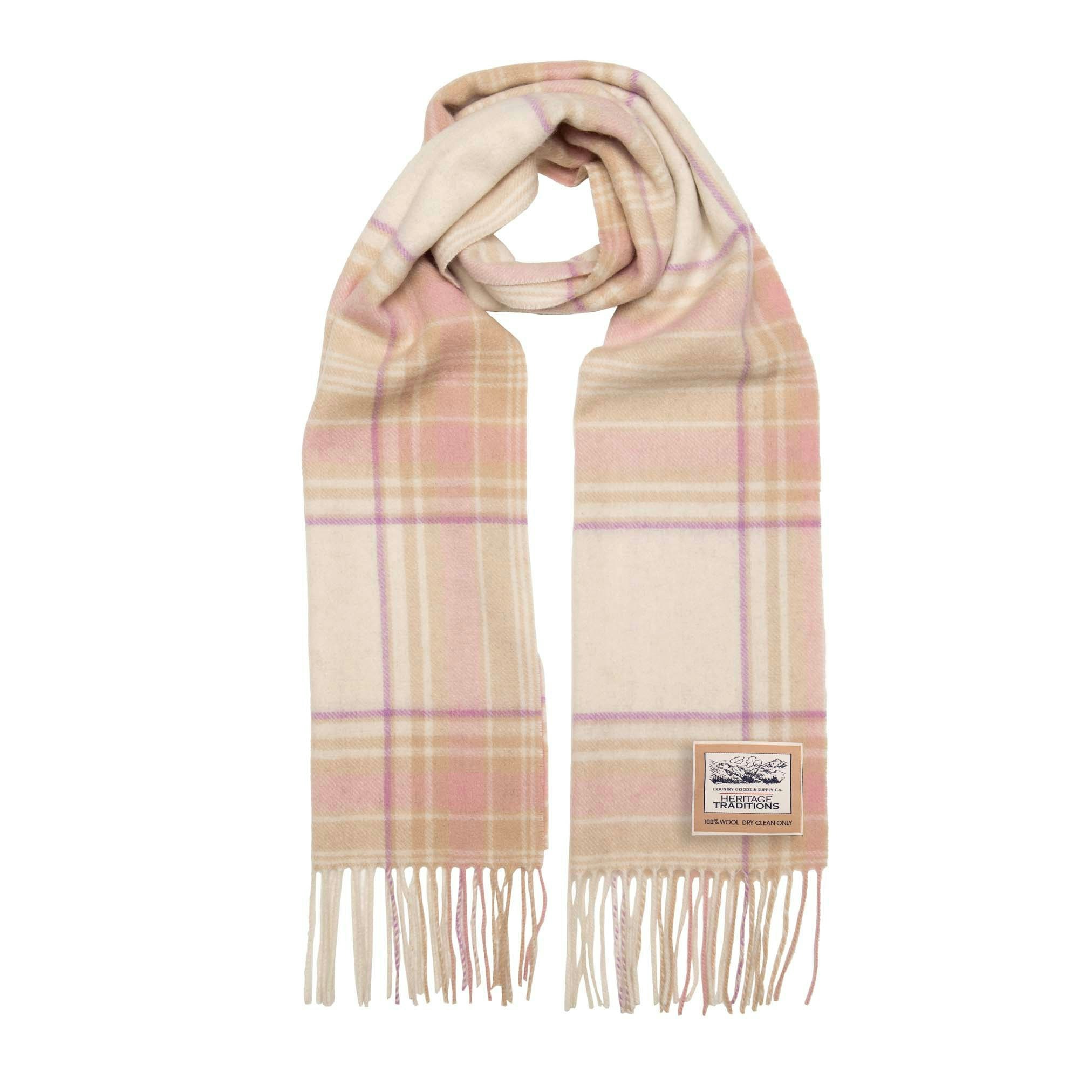 Heritage Traditions Pink Pure Wool Check Scarf - Camel