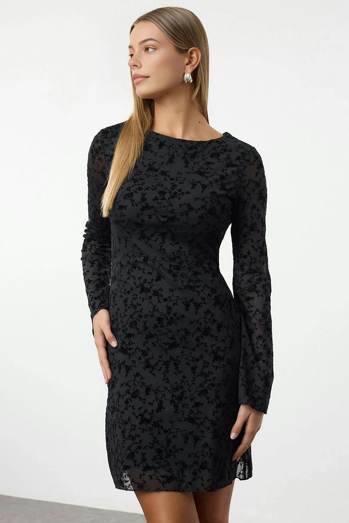 Wovcor Black Flock Print Body-Fitting Mini Knitted Dress - S
