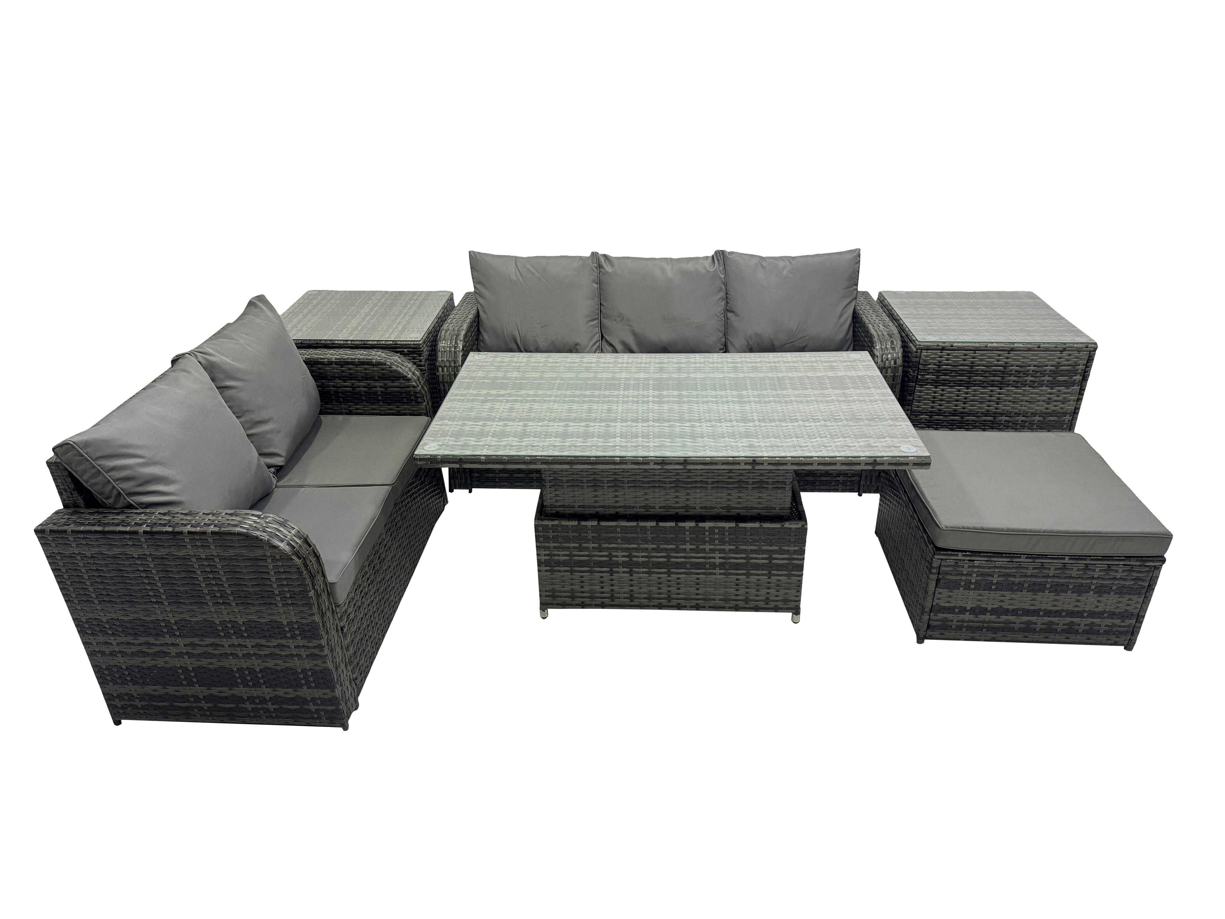 Fimous Dark/Grey Rattan Garden Furniture Dining Set 6 Seater Patio Height Adjustable Rising Lifting Table Sofa Set With 2 Side Tables Mixed