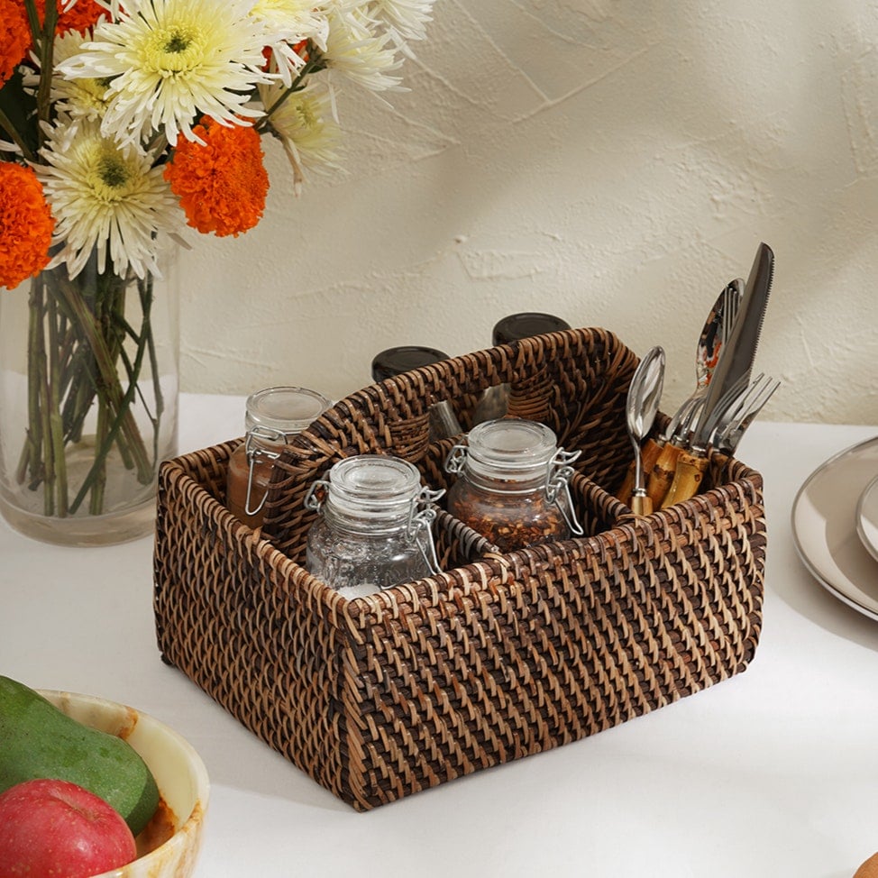 Rackhams Dark/Brown Rattan Condiment And Cutlery Basket Holder