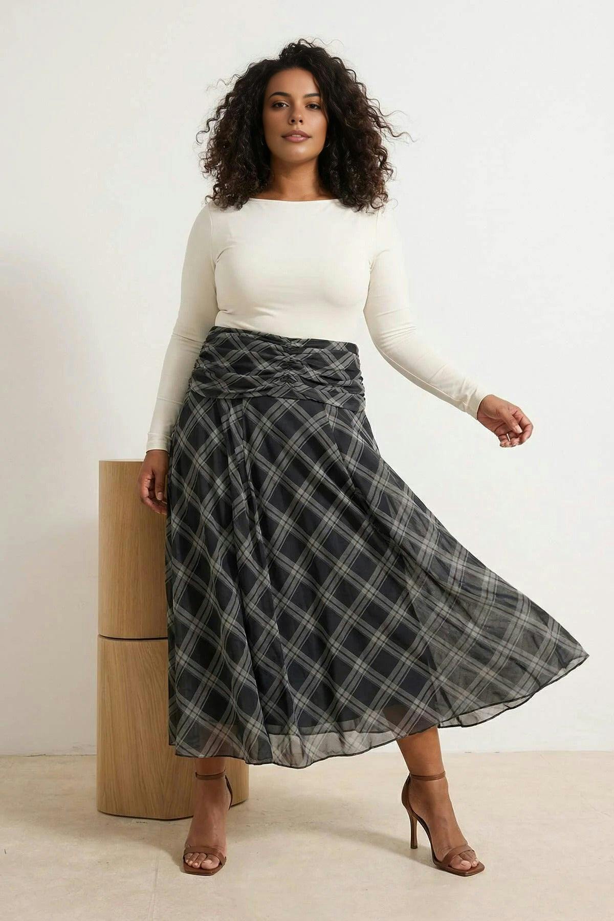 Wovcor Light Draped Boho Chic Printed Tulle Stretch Knit Skirt - Multi - 2XL
