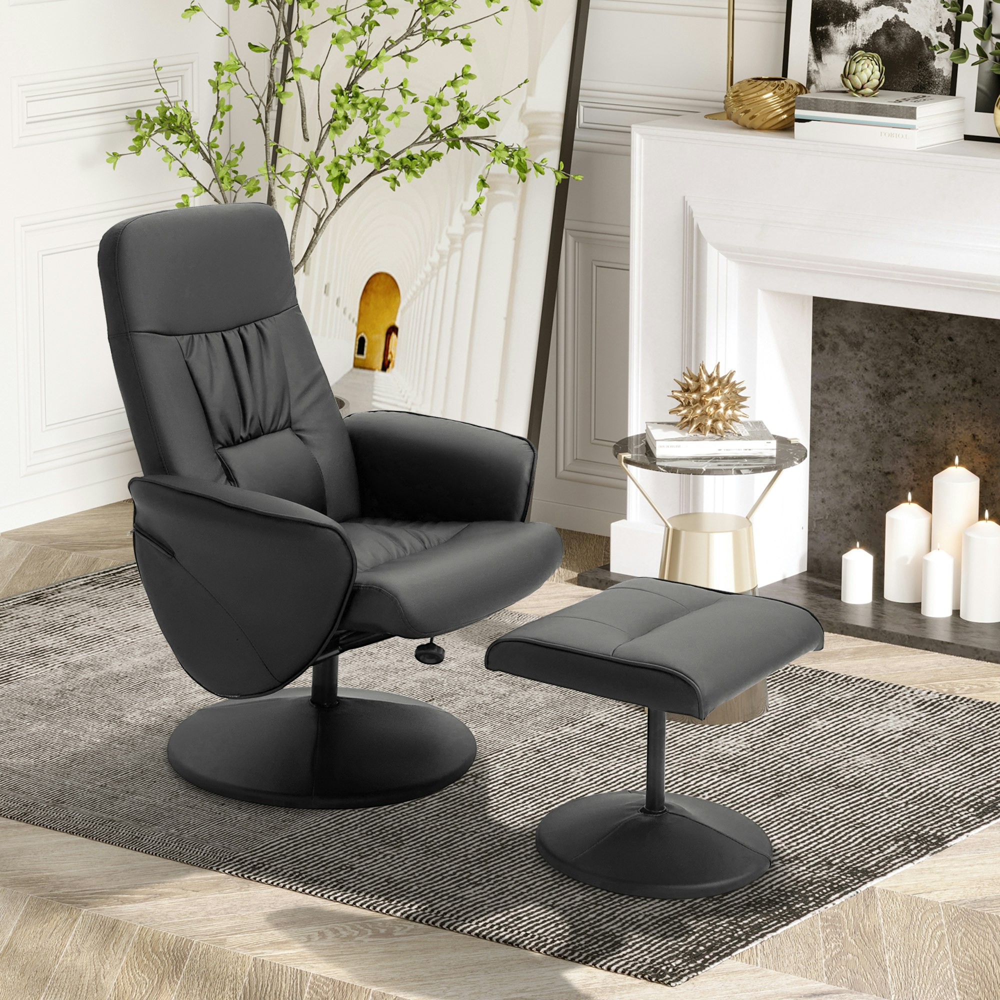 Rackhams Black Pu Leather Armchair And Footrest Swivel Recliner - Pu, Sponge, Metal
