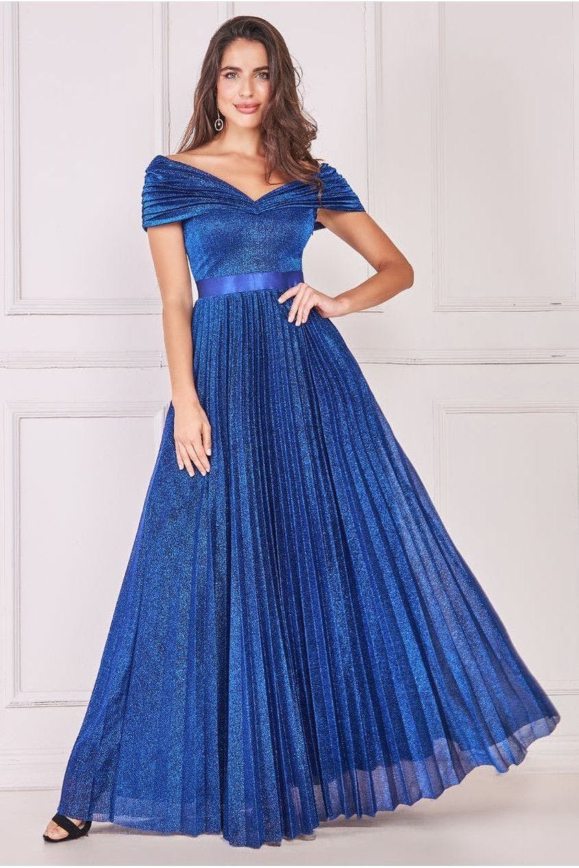 Goddiva Blue Bardot Pleated Skirt Maxi Dress - Royal By - Royal - 10