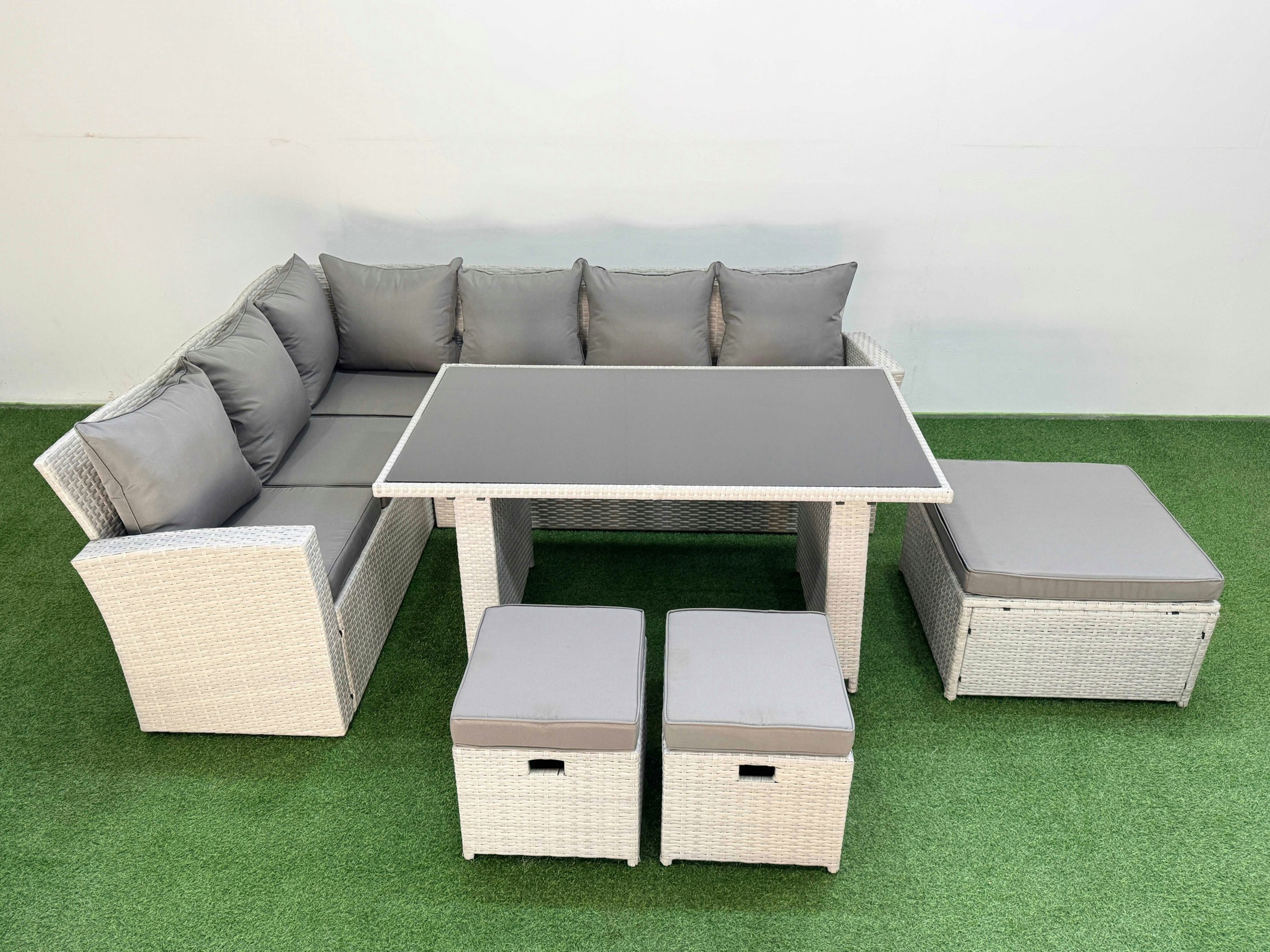 Rackhams Light/Grey 9 Seater Wicker Rattan Corner Sofa Sets Outdoor Garden Furniture Sets With Rectangular Dining Table Lounge Sofa 3 Footstools