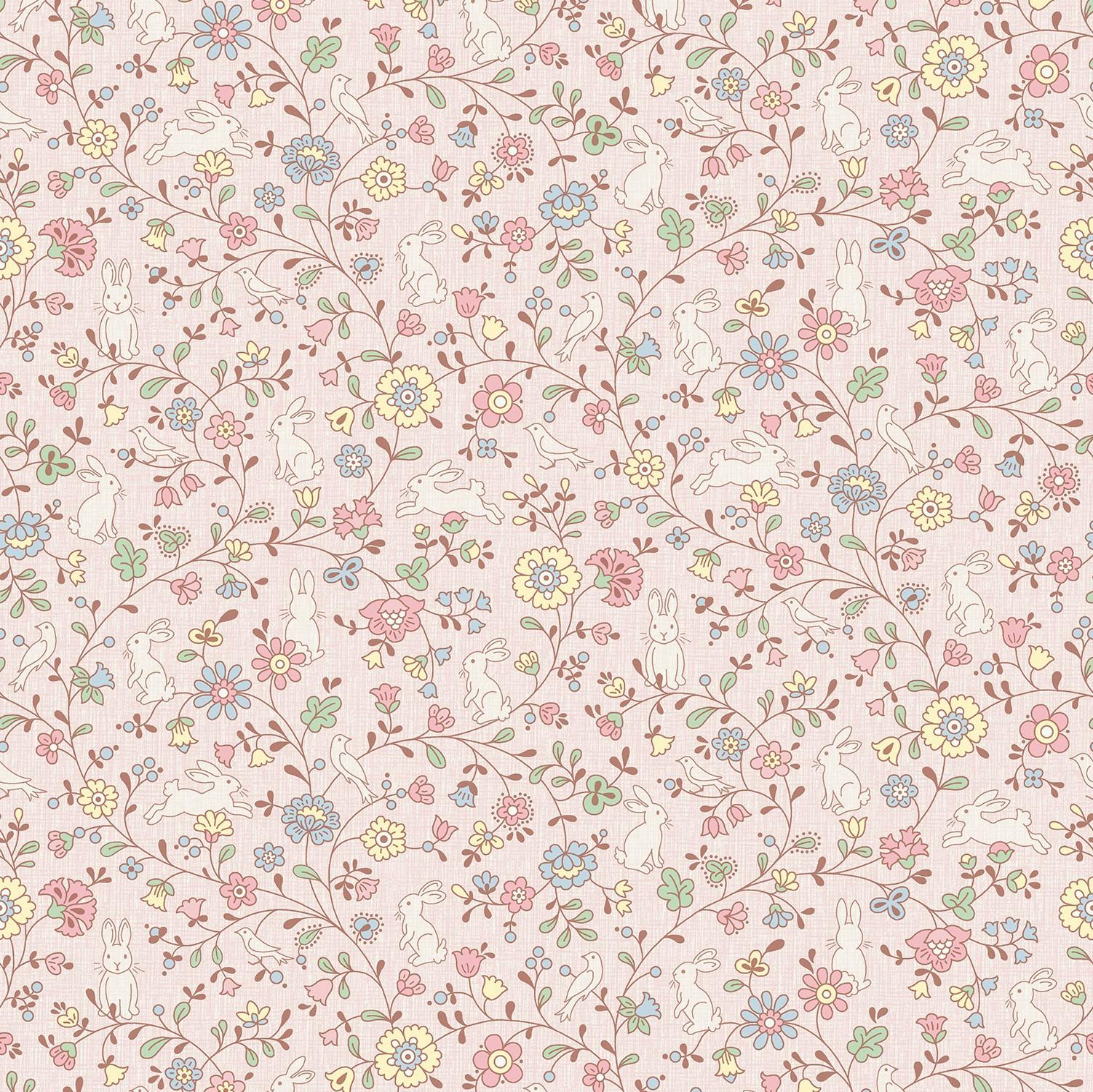 Grandeco Pink Liberty Floral Bunny Trail Nursery Textured Wallpaper