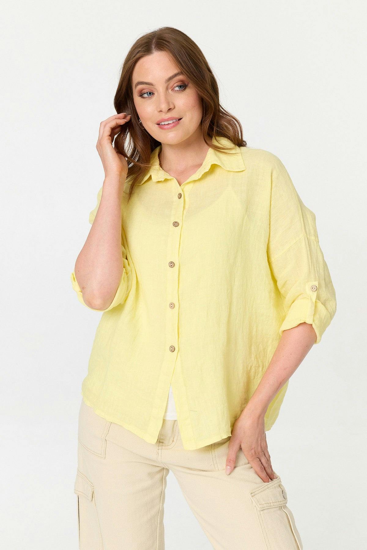 Izabel London Yellow Relaxed 3/4 Sleeve Button Front Shirt - S