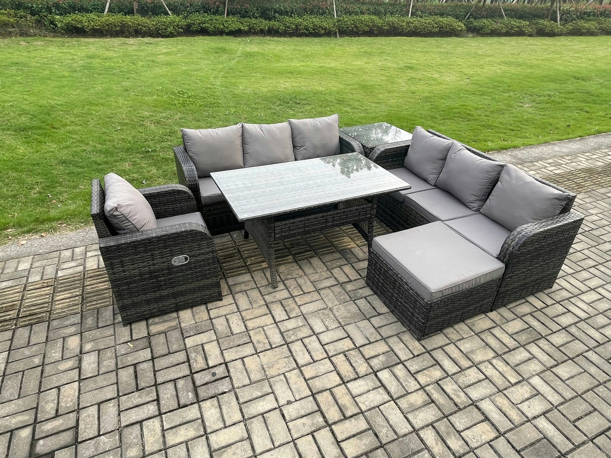 Rackhams Dark/Grey 8 Seater Mixed Rattan Garden Dining Set - Oblong/Rectangular Table, 3-Seater Sofa & Footstool