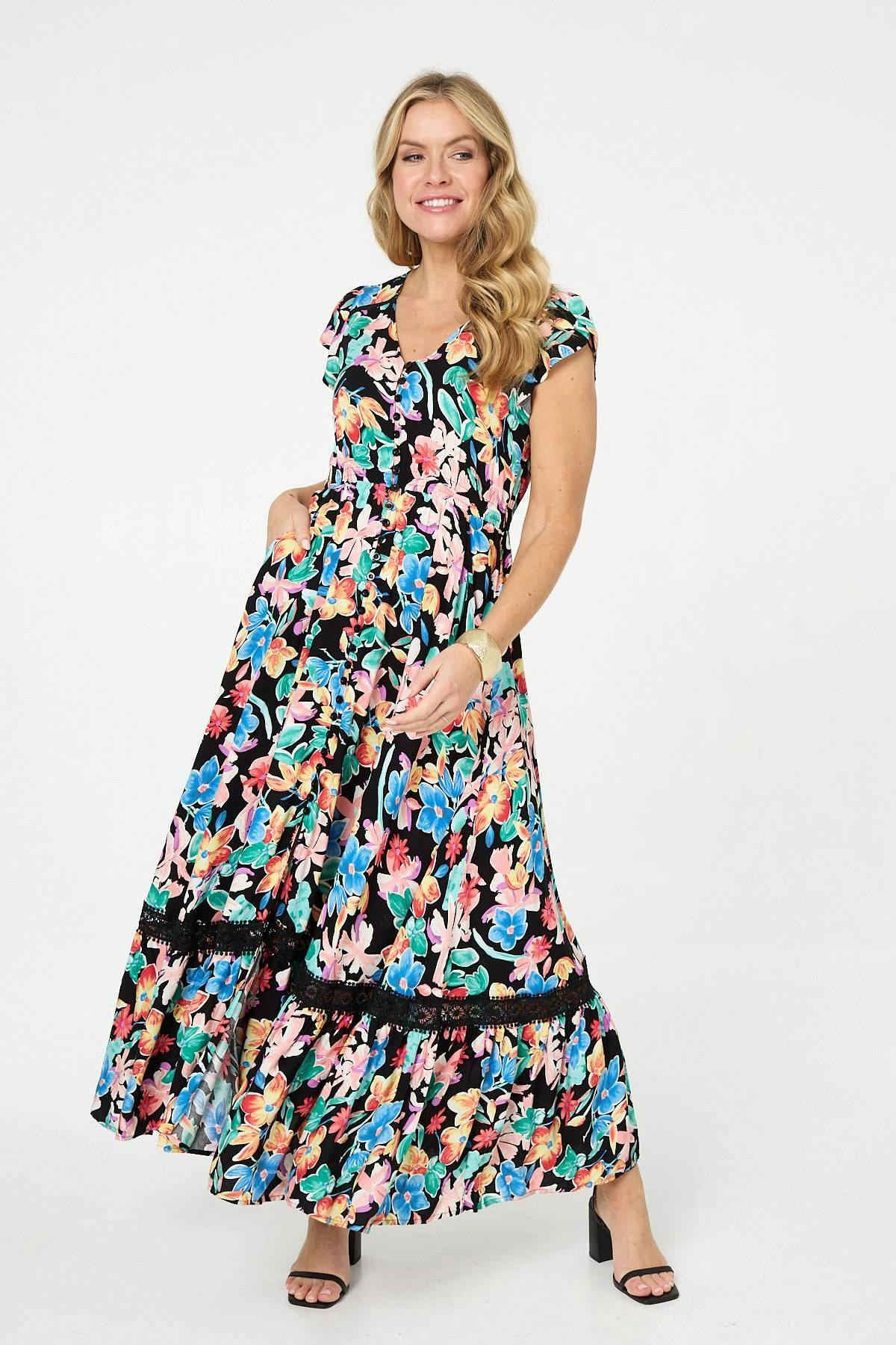 Izabel London Black Floral Lace Trim Cap Sleeve Maxi Dress - 18