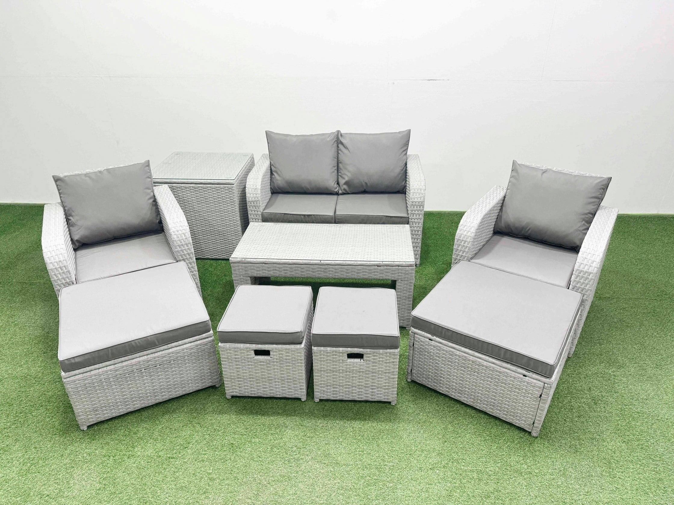 Fimous Light/Grey Pe Wicker Rattan Furniture Sofa Sets With Oblong Coffee Table Love Sofa Reclining Chair Side Table 4 Stools Mixed
