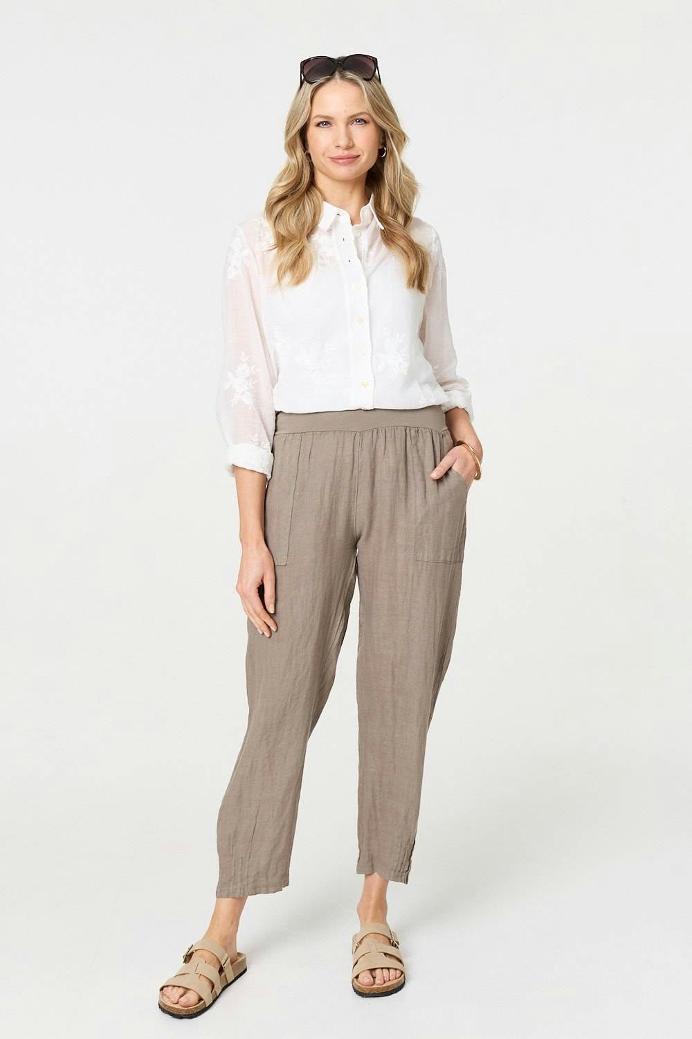 Izabel London Women's Brown Relaxed Linen Blend Tapered Trousers - 18
