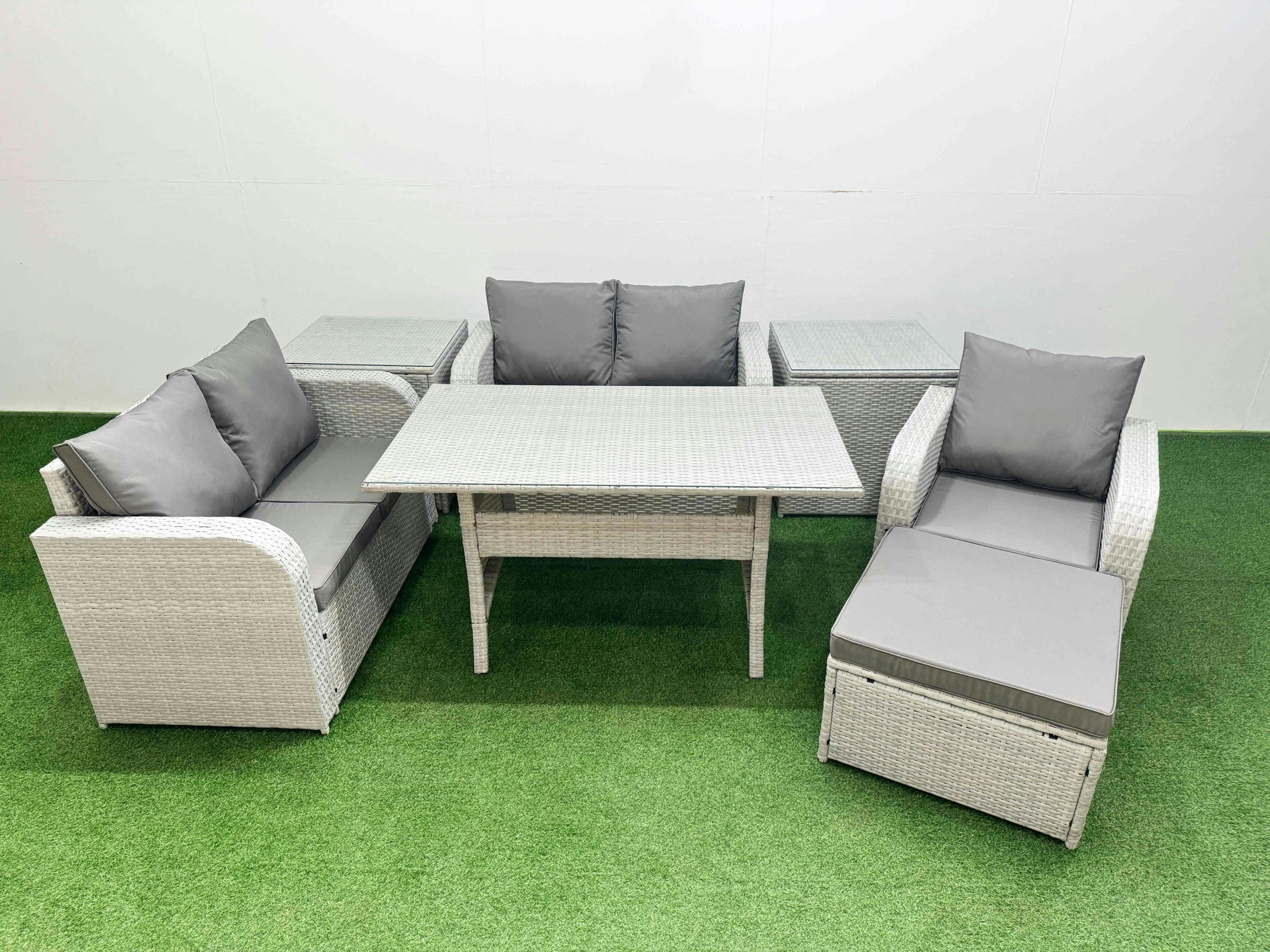 Rackhams Light/Grey High Back Poly Rattan Garden Furniture Set, Reclining Chair, Loveseat, Dining Table, Indoor Outdoor, Big Stool, 2 Side Table,