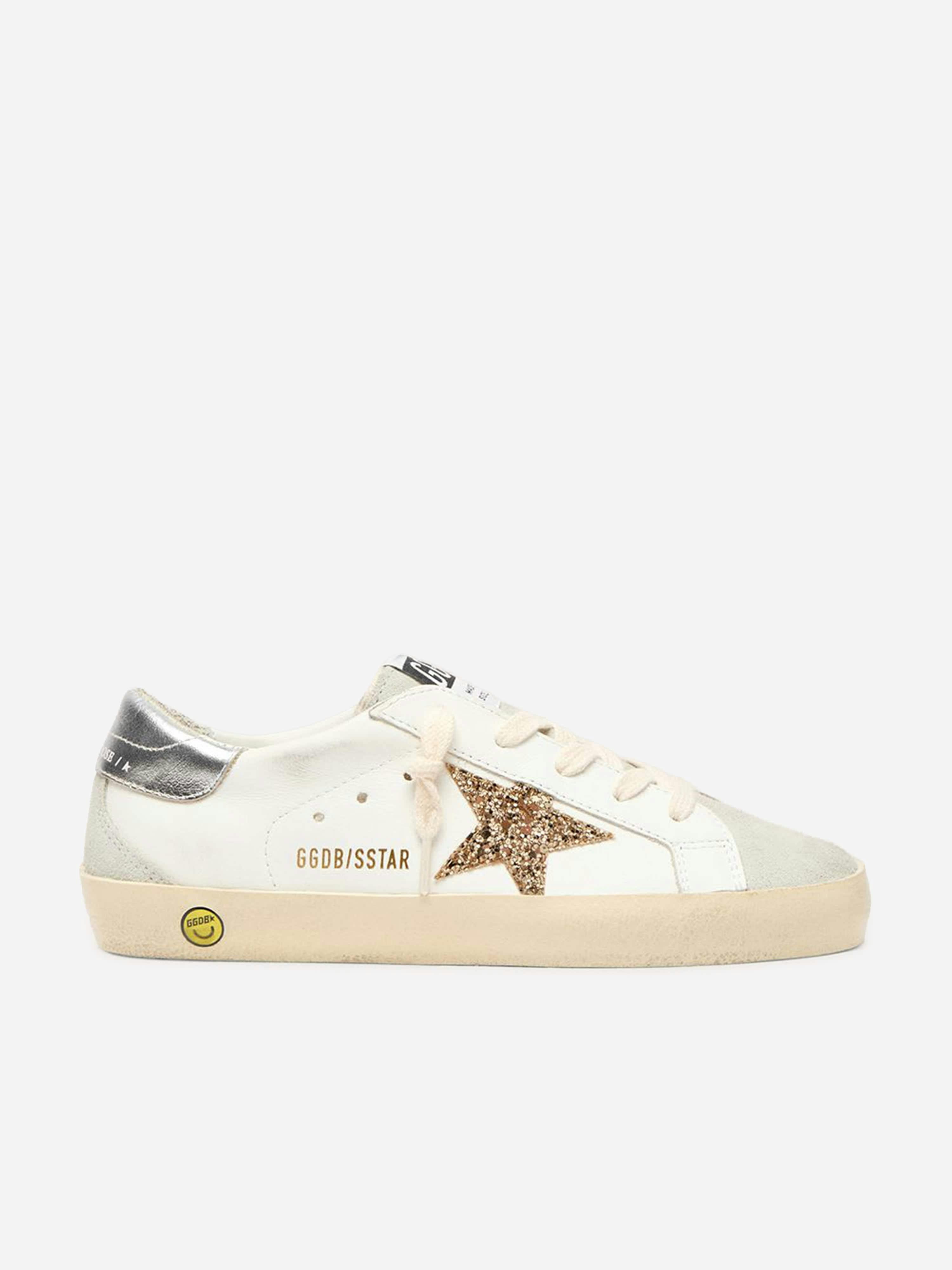 Golden Goose Kids Girls Golden/White Goose Kids Goose Leather And Glitter Star Super-Star Trainers In - Eu 28 Uk 10