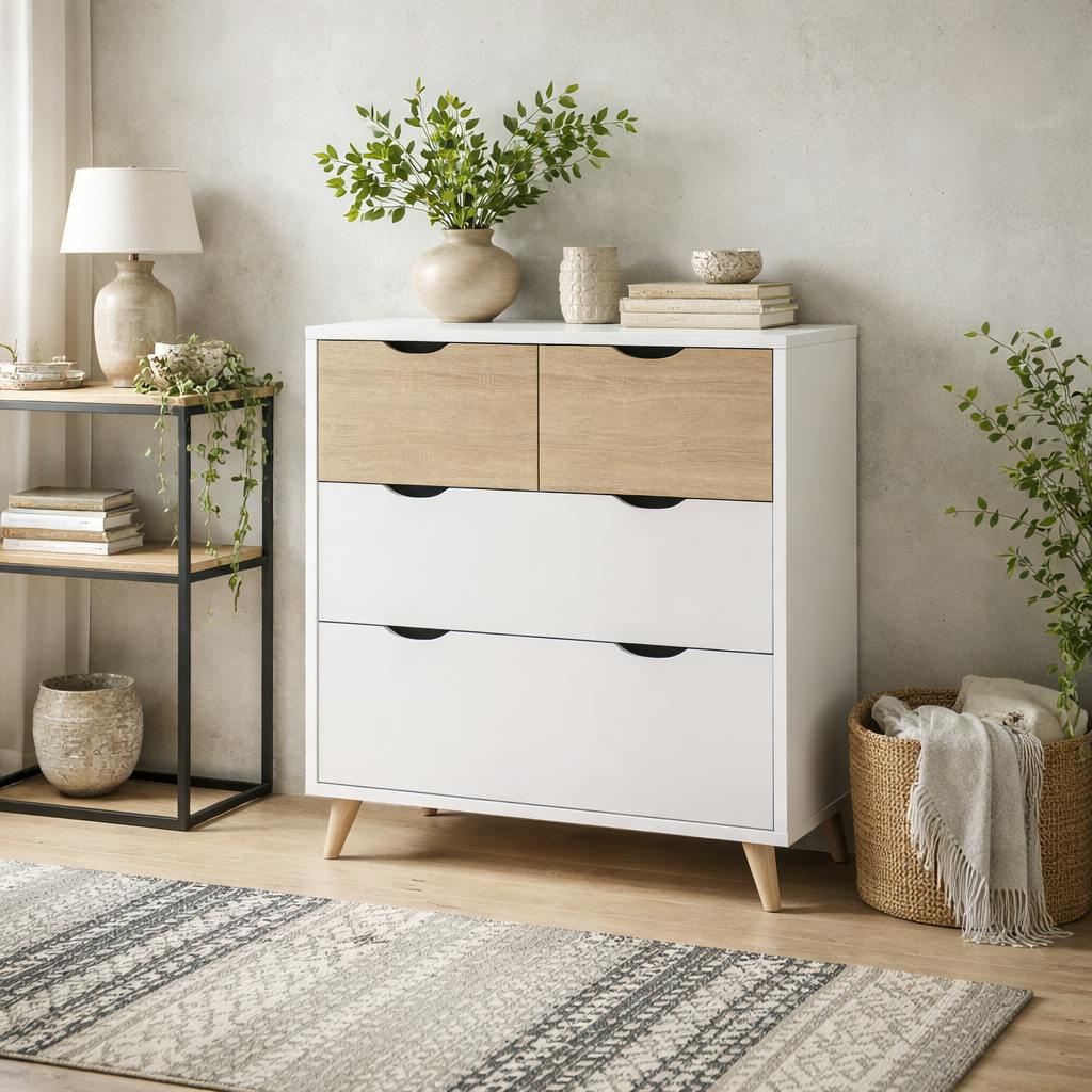 Wyld Haus White Skerries 4 Drawer Chest And Natural Oak Wood