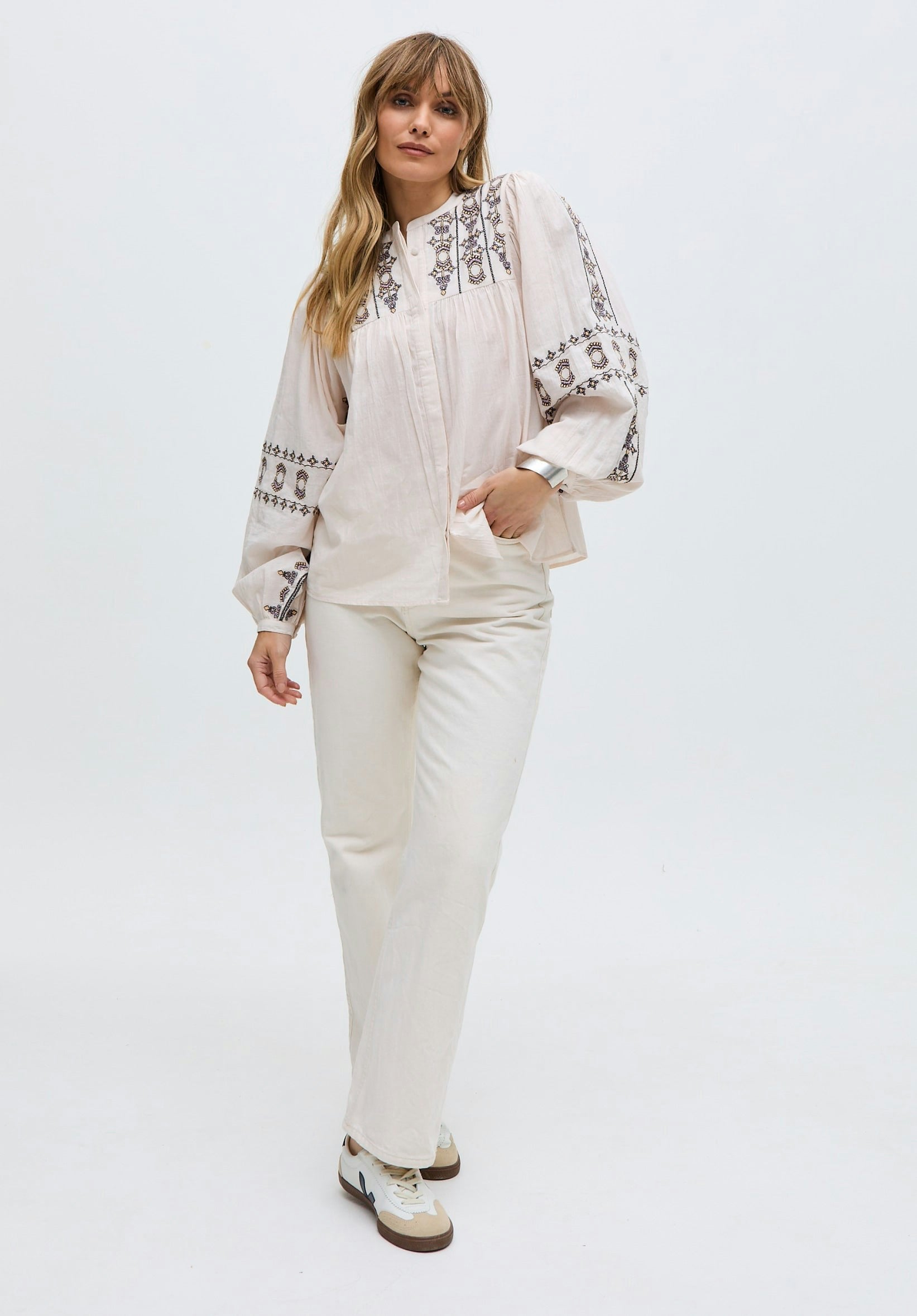 Raffya Cream Demi Embroidered Balloon Sleeve Shirt - 14