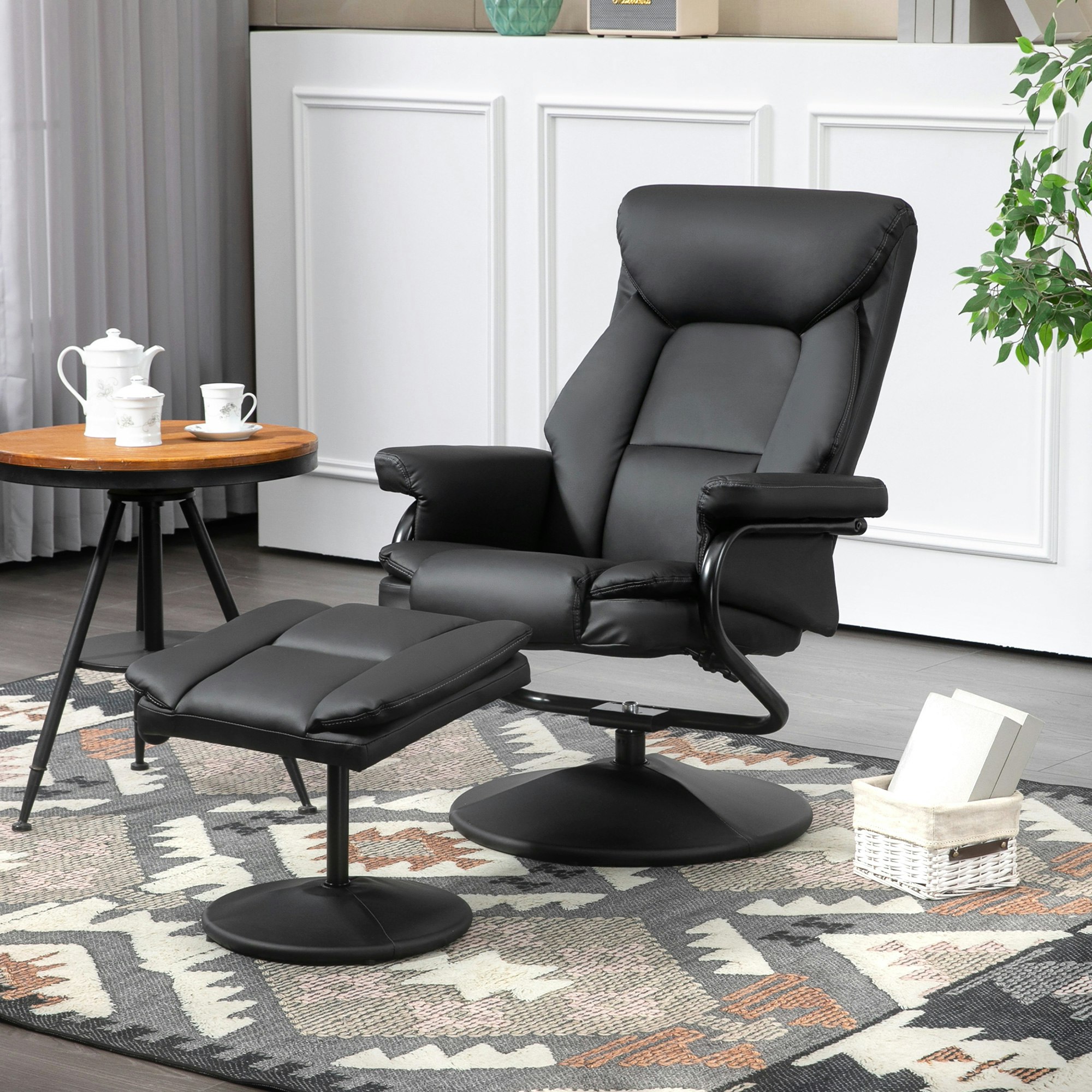 Rackhams Black Pu Leather Swivel Recliner Armchair With Ottoman, - Steel