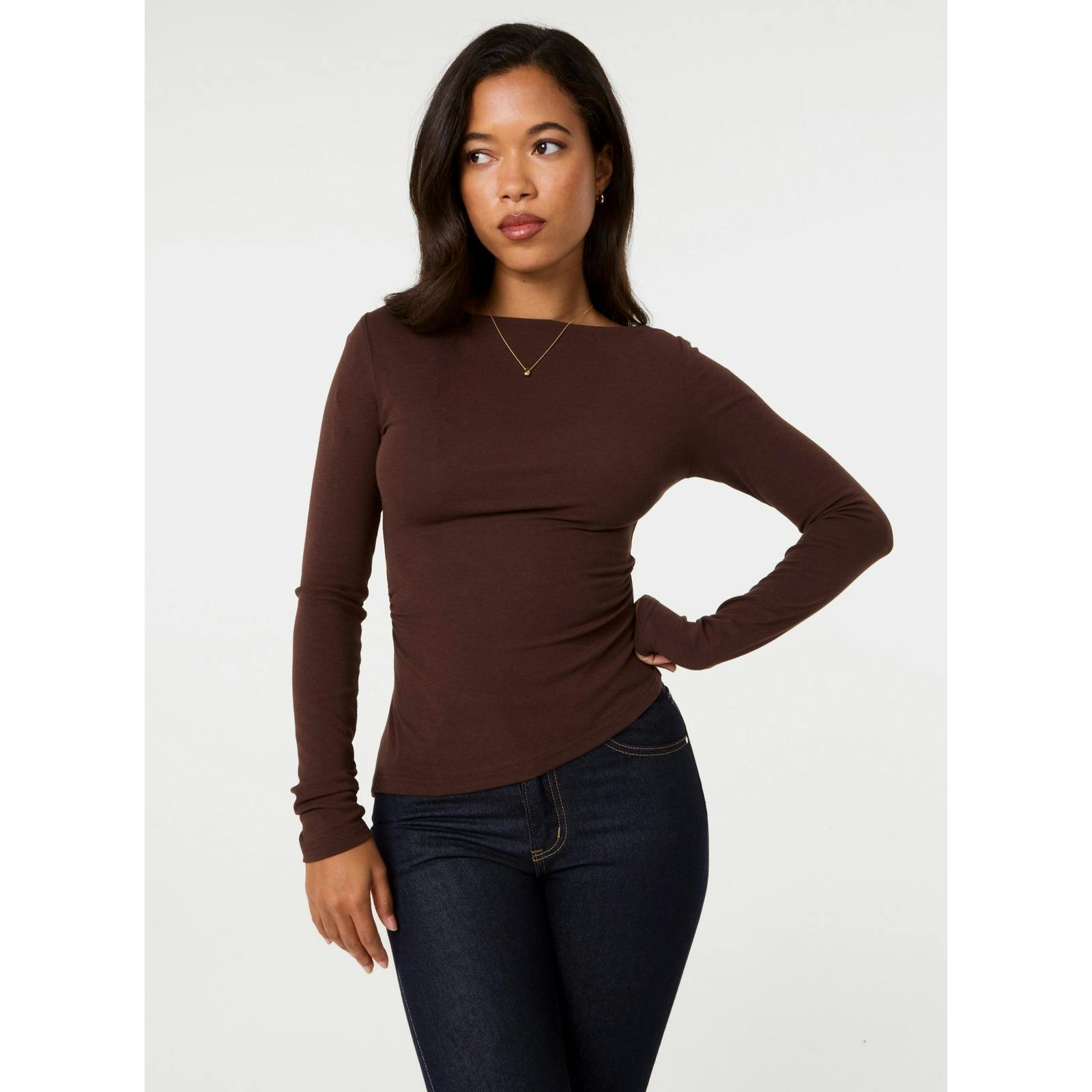 Pink Vanilla Pink/Brown Vanilla Asymmetric Boat Neck Long Sleeve Top - L