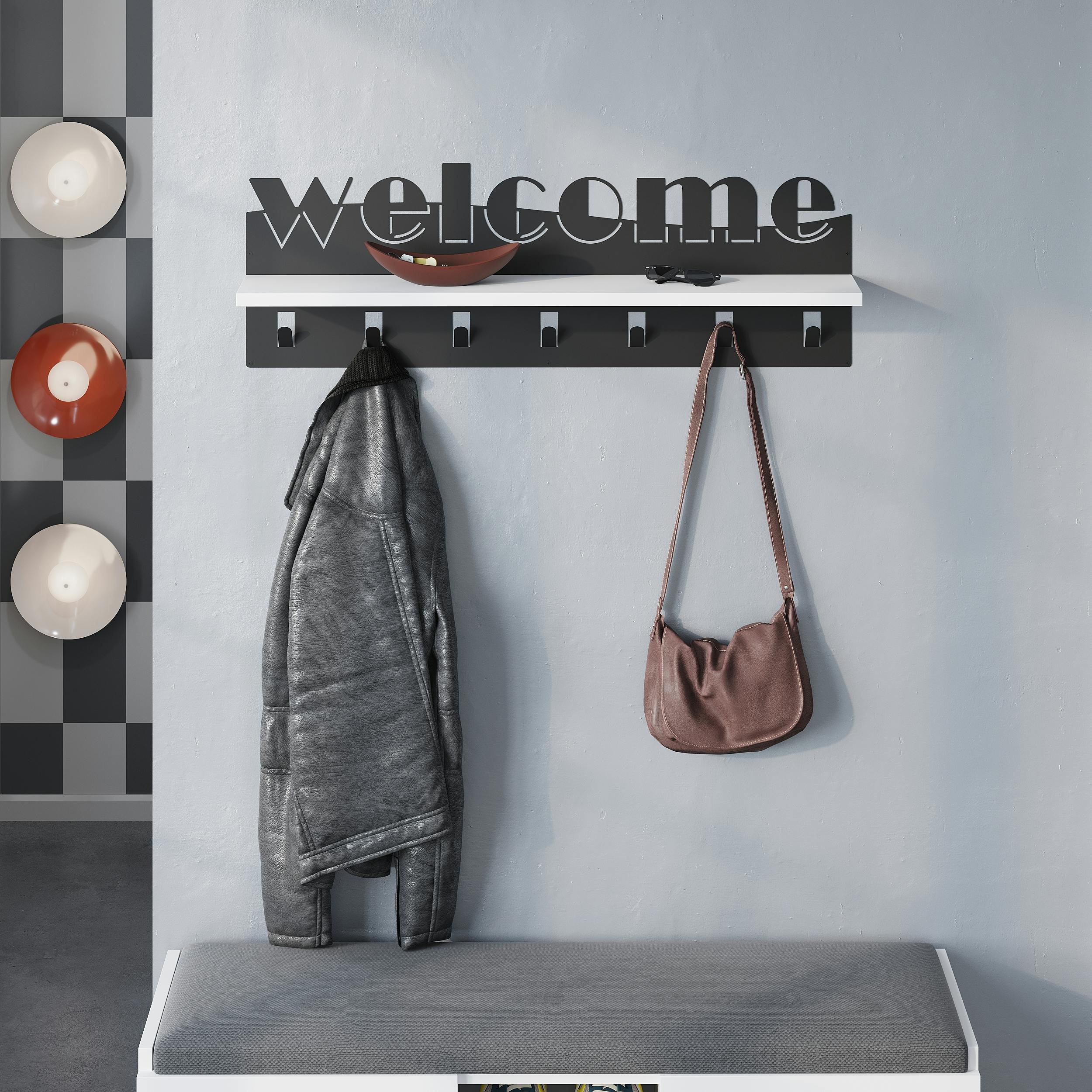 Rackhams White Modern Welcome Letter Wall Hanger Metal 7 Metal Hooks For Hanging Shelf Rack Hotels Hallway Bedroom