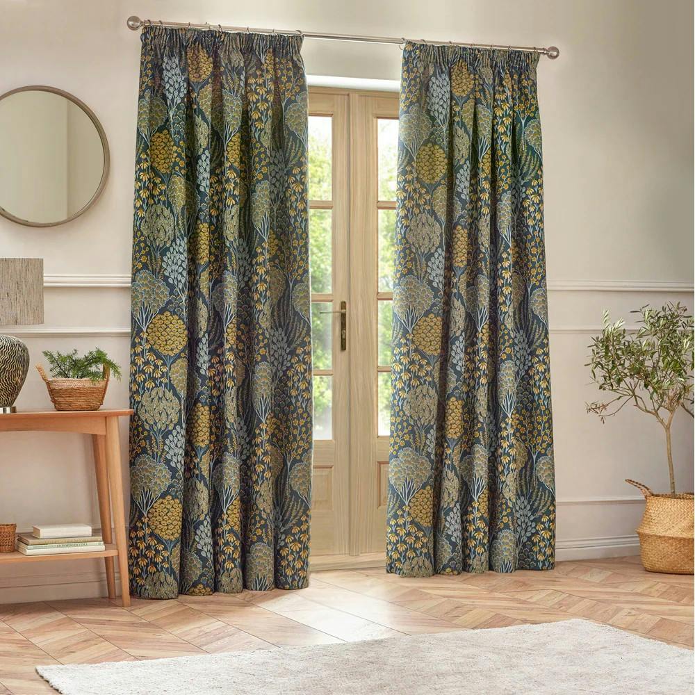 Wylder Blue Ophelia Jacquard Floral Pencil Pleat Curtains - /Saffron - 117Cm X 183Cm - /Saffron - 100% Polyester