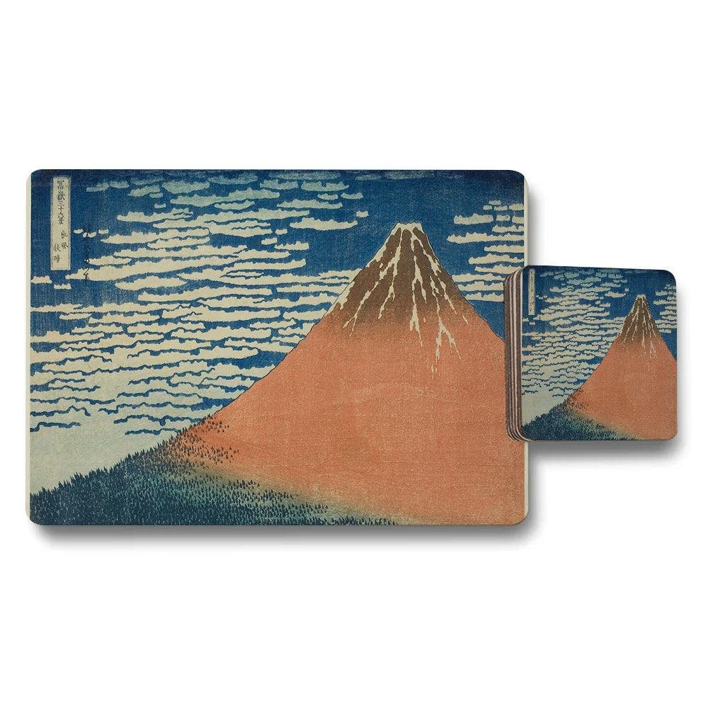 Benjamin Tate Design Blue Mount Fuji Placemat And Coaster Set Japanese Woodblock Style