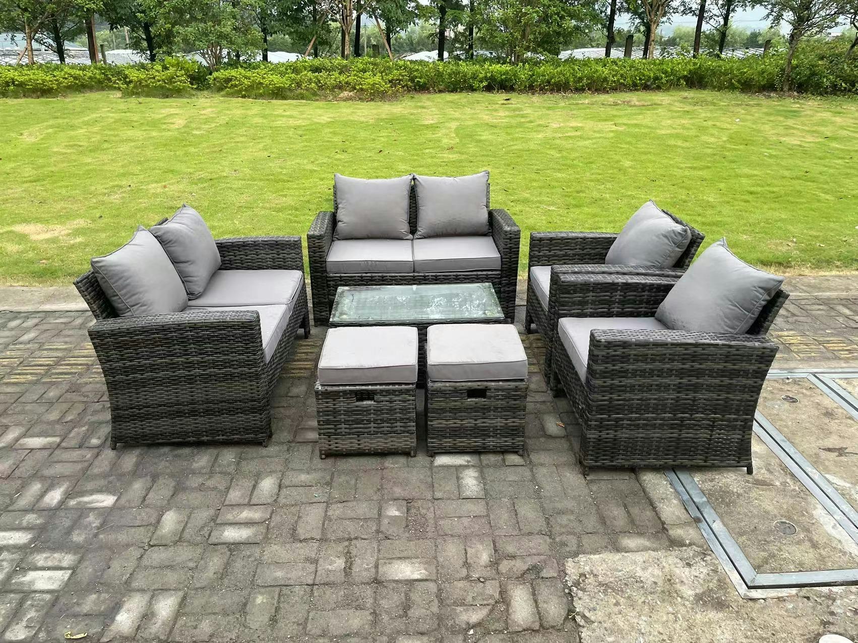 Fimous Dark/Grey 8 Seater Mixed High Back Rattan Sofa Set Coffee Table Garden Furniture Outdoor Patio 2 Stools
