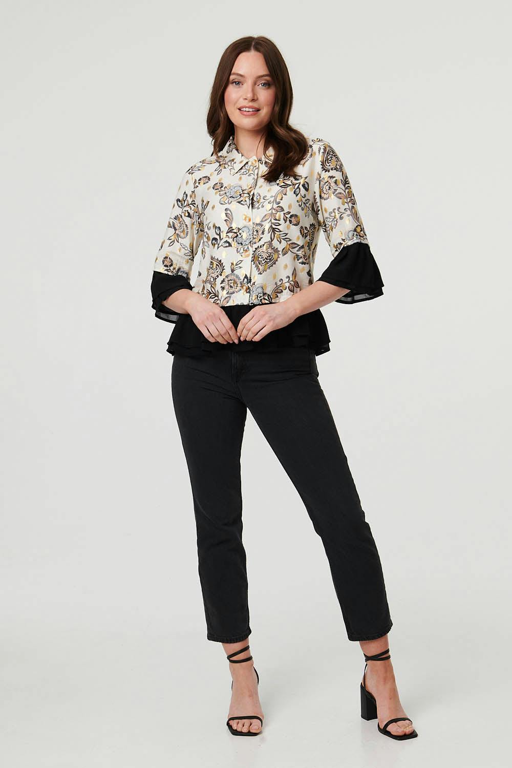 Izabel London Cream Floral Contrast Trim 3/4 Sleeve Jacket - 16