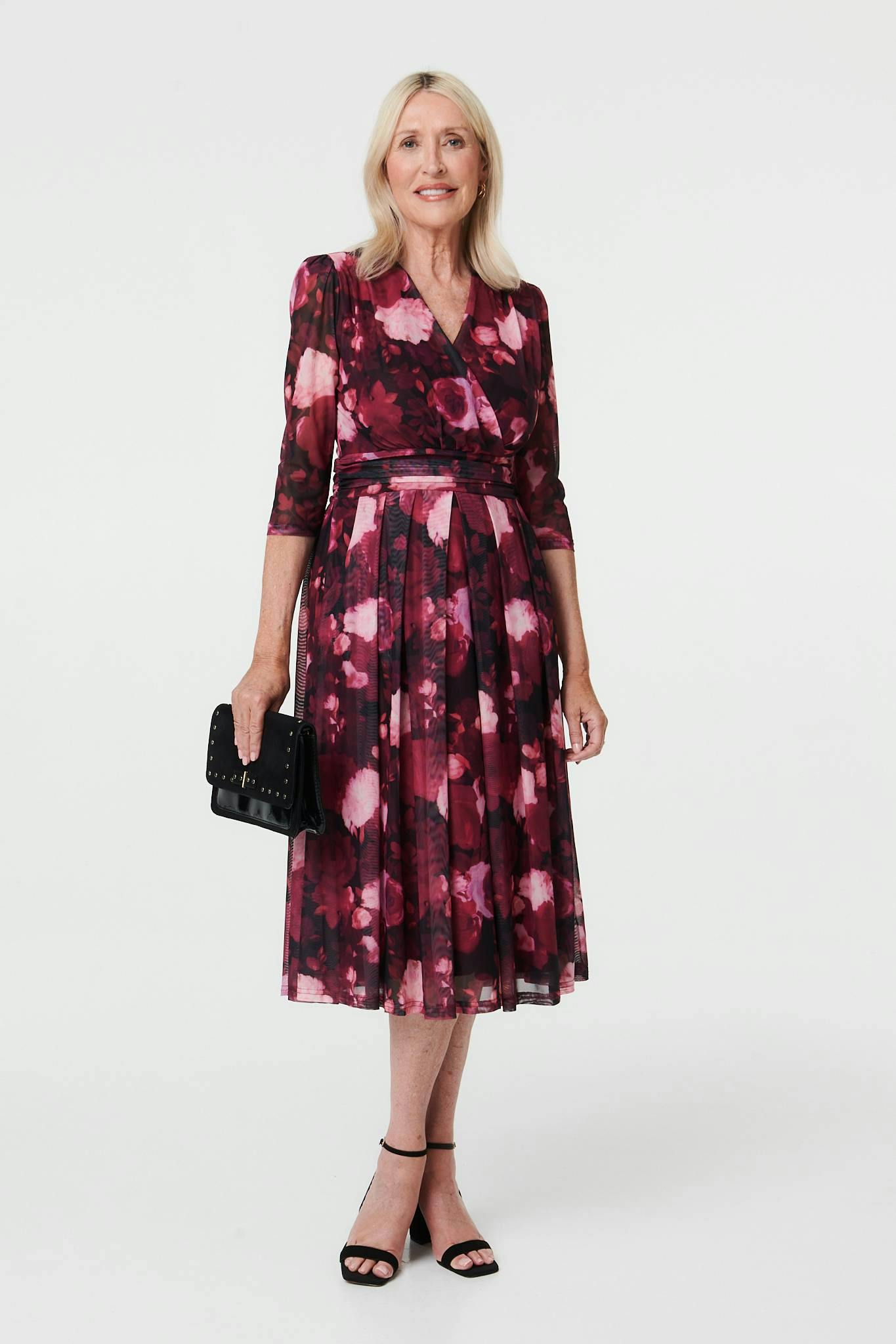 Izabel London Pink Floral 3/4 Sleeve Pleat Wrap Midi Dress - 18
