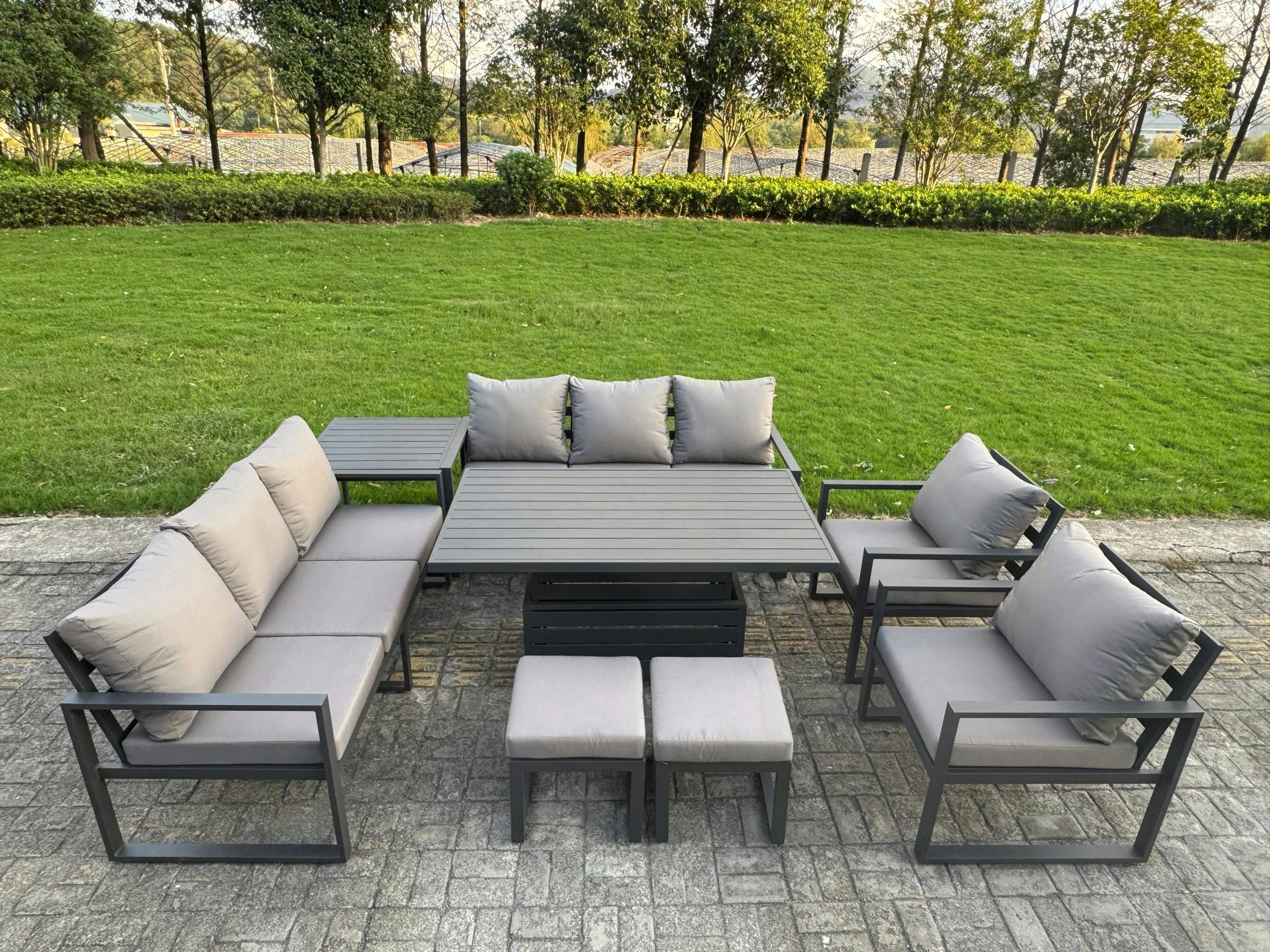 Rackhams Dark/Grey 10 Seater Aluminium Garden Furniture Set With Adjustable Rising Dining Table & Cushions Side Table