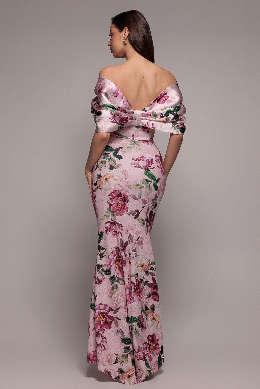 Goddiva Pink Off Shoulder Floral Bow Back Maxi Dress - Blush By - Blush - 10