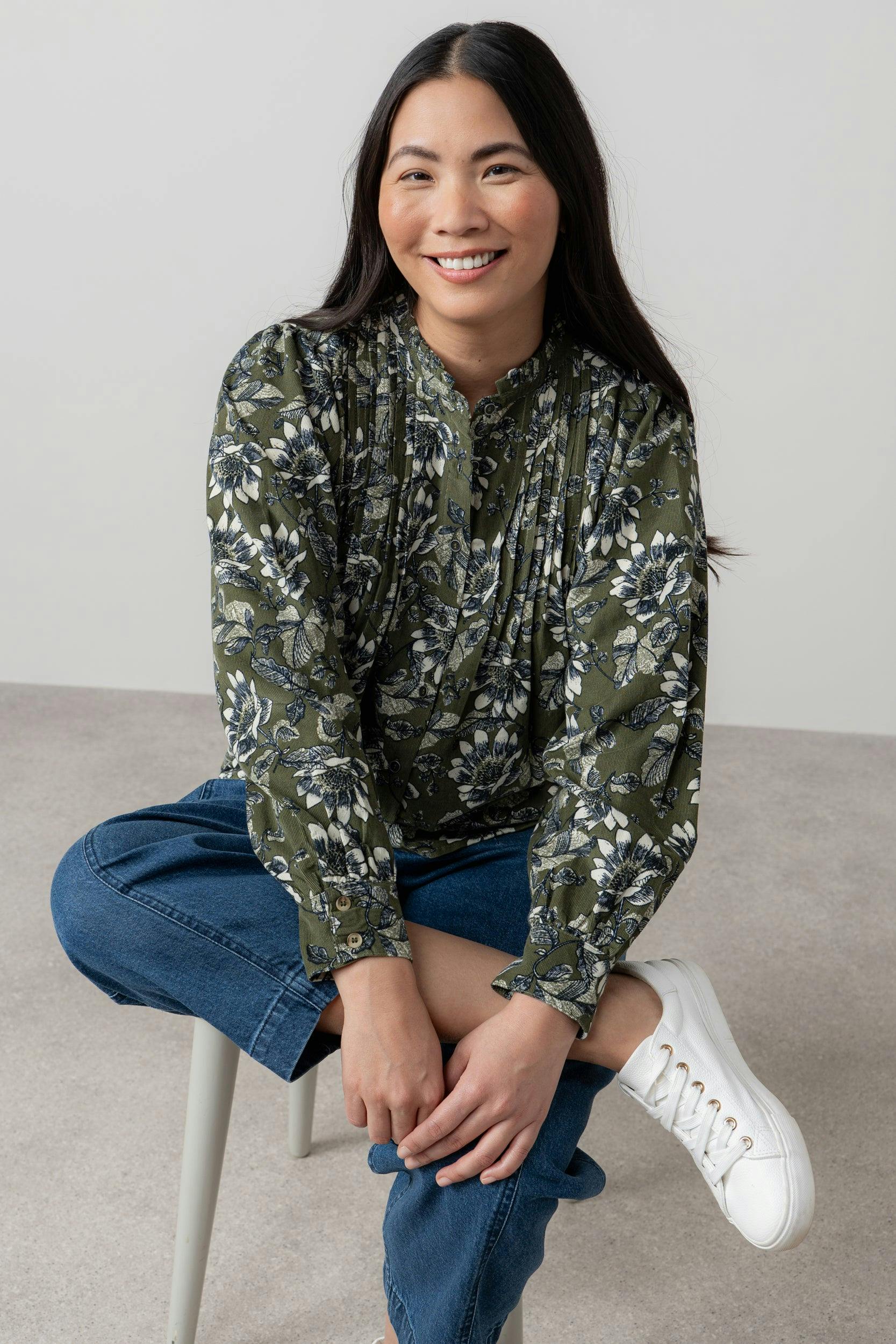 Lily & Me Flora Cotton Pincord Ditsy Print Blouse Moss - 10 - Moss