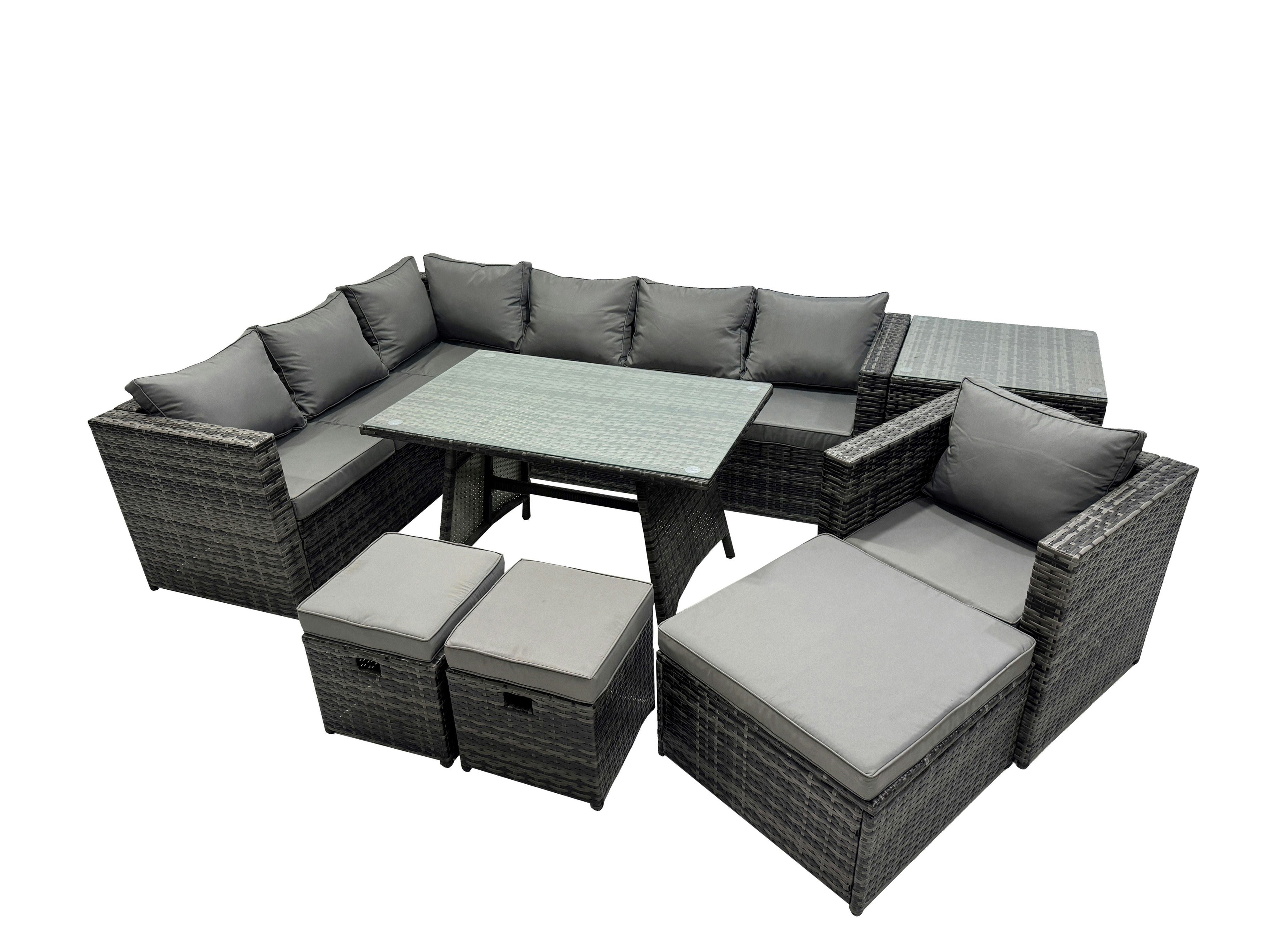 Fimous Dark/Grey 10 Seater Outdoor Pe Rattan Sofa Set With Dining Table Patio Garden Furniture Sets With Chair 3 Stools Side Table Mixed