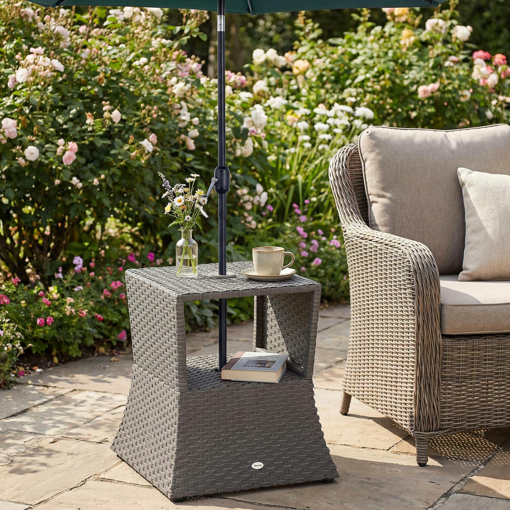Rackhams Dark/Grey Rattan Wicker Tea Coffee Table W/ Umbrella Hole