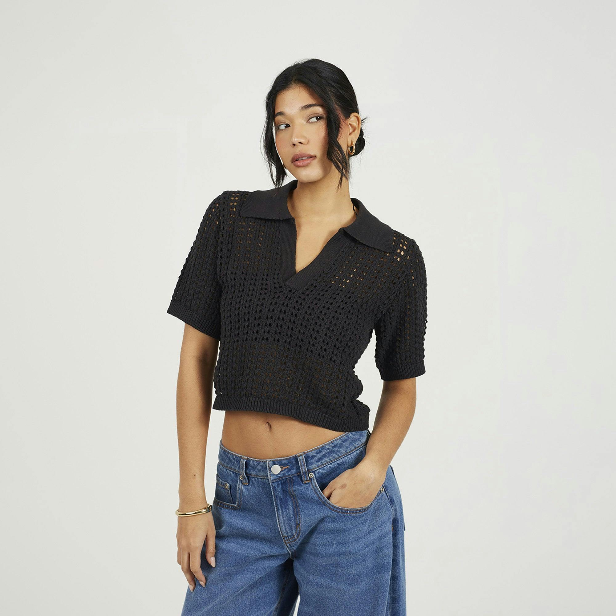 Brave Soul Black Pointelle Knit Collared T-Shirt - Xs