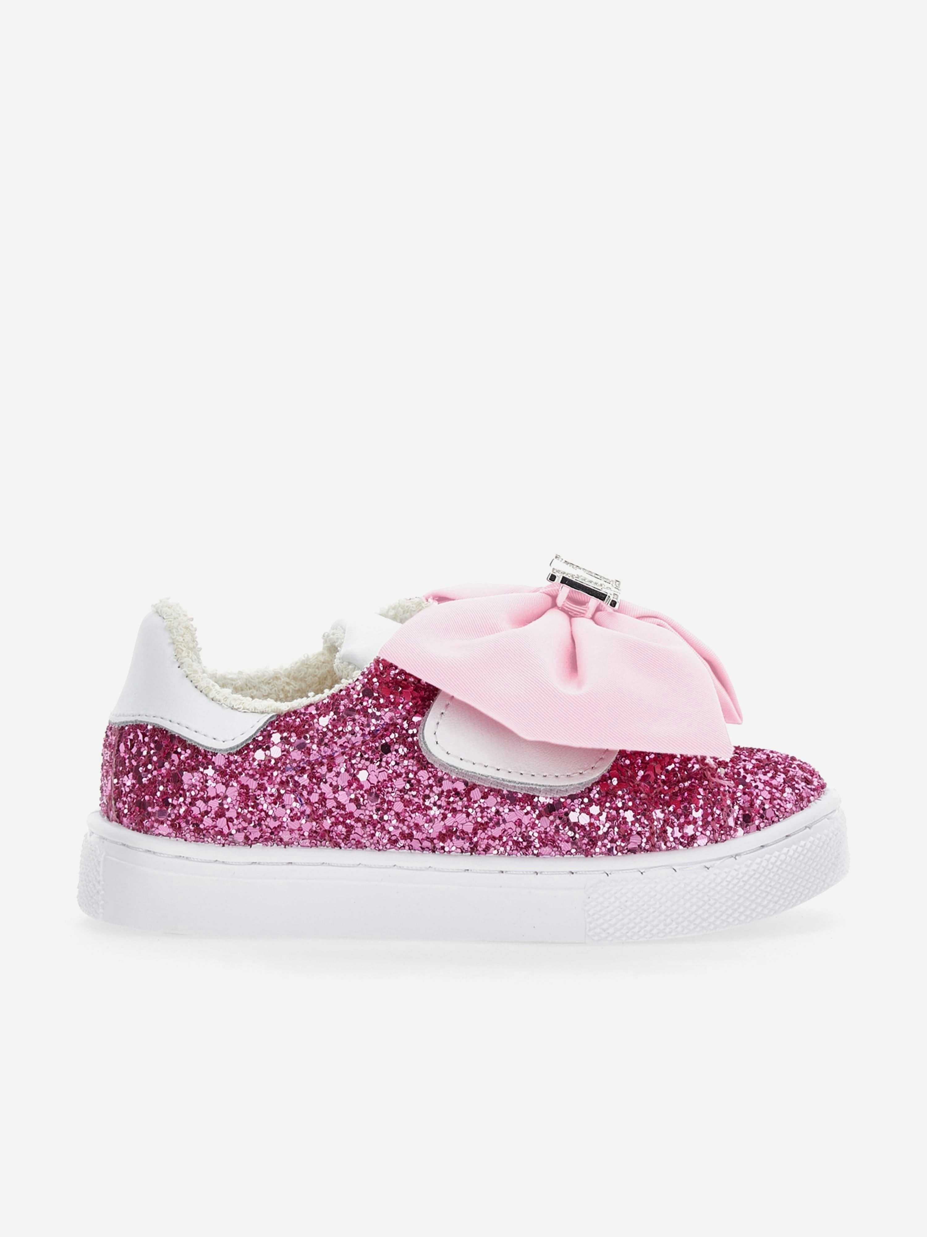 Monnalisa Girls Pink Glitter Bow Trainers In - Eu 33 Uk 1