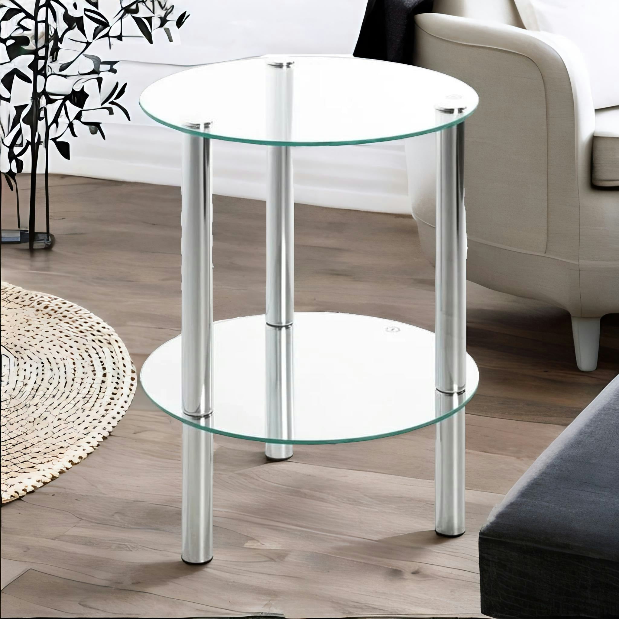 Rackhams Silver 2-Tier Round Chrome Side Table With Glass Top
