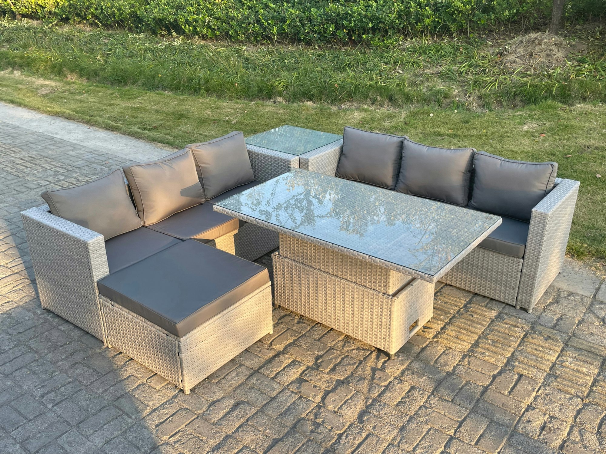 Fimous Light/Grey/Dark Rattan Garden Funiture Set Adjustable Rising Lifting Table Sofa Dining Set With Side Coffee Tea Table Footstool