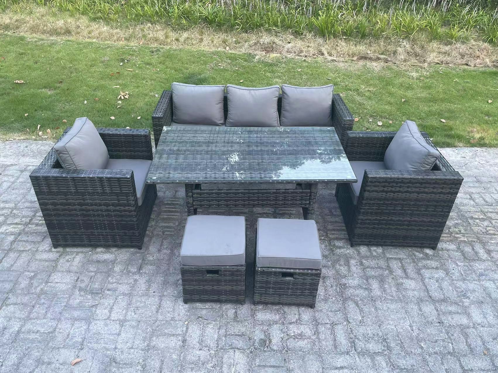 Fimous Dark/Grey 7 Seater Pe Wicker Rattan Garden Furniture Set Lounge Sofa Chair And Rectangular Dining Table Set 2 Small Footstools Mixed